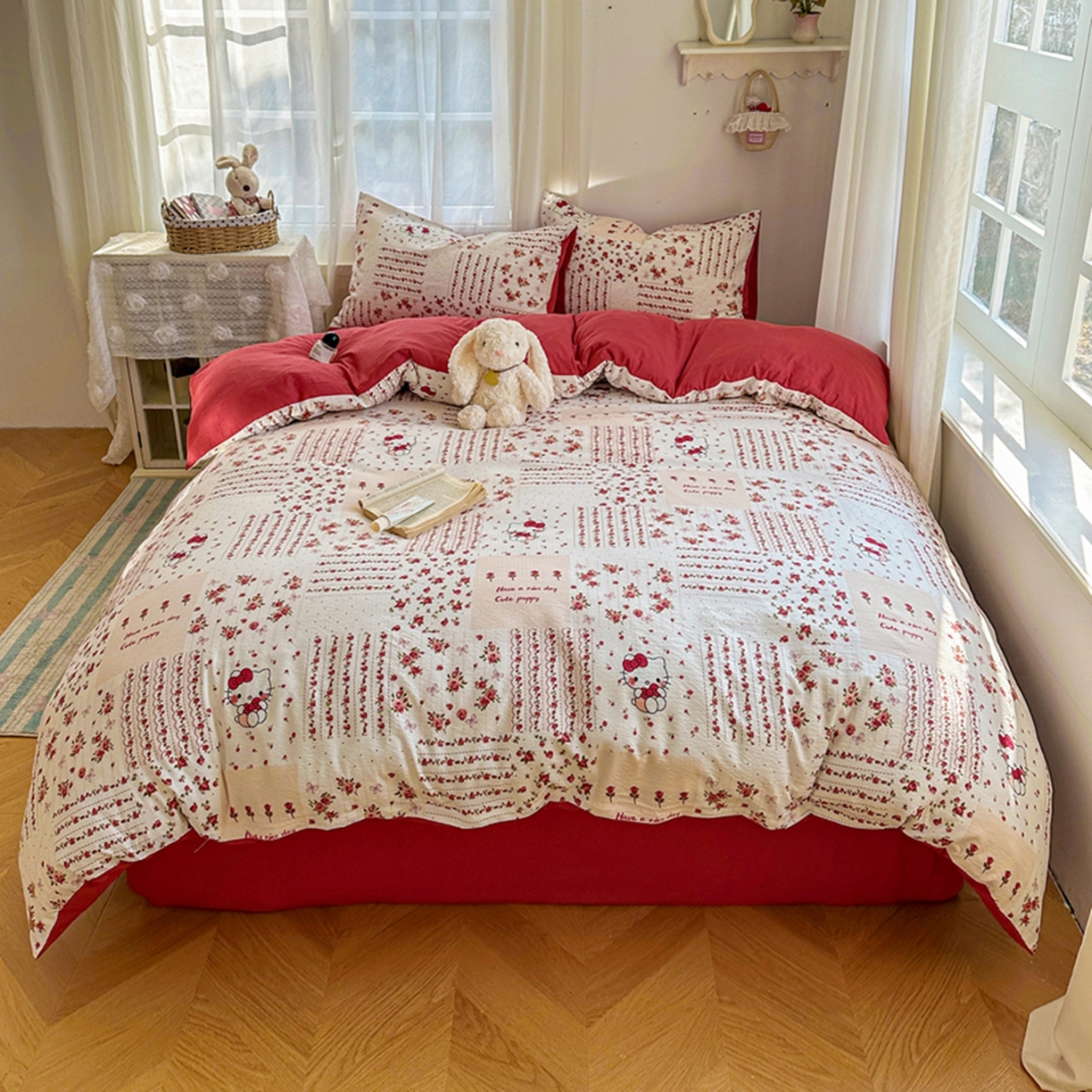 91家纺网 家纺一手货源 找家纺 宏源家纺 2026新款云感提花双层纱四件套 幸福猫咪