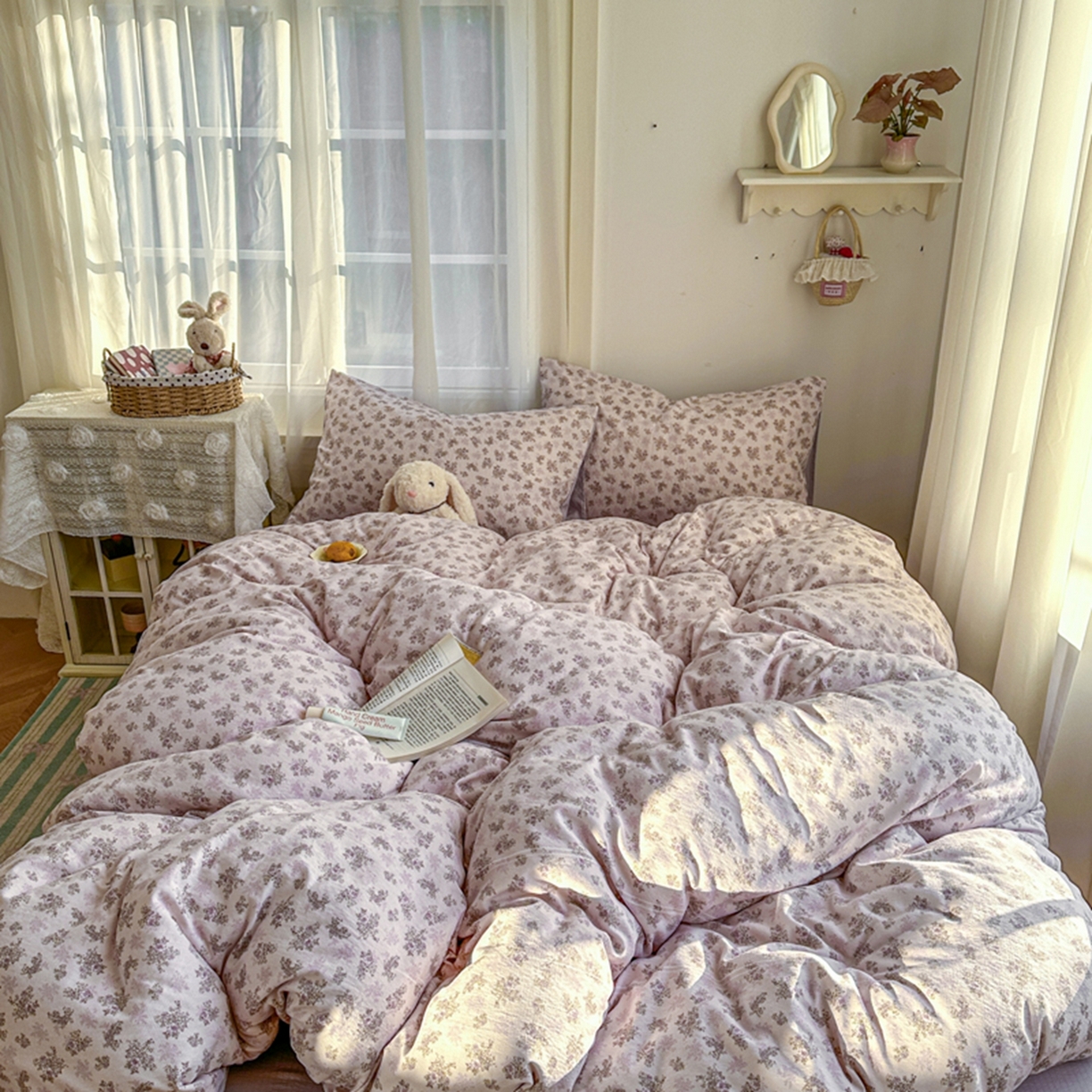 91家纺网 家纺一手货源 找家纺 宏源家纺 2026新款云感提花双层纱四件套 花语