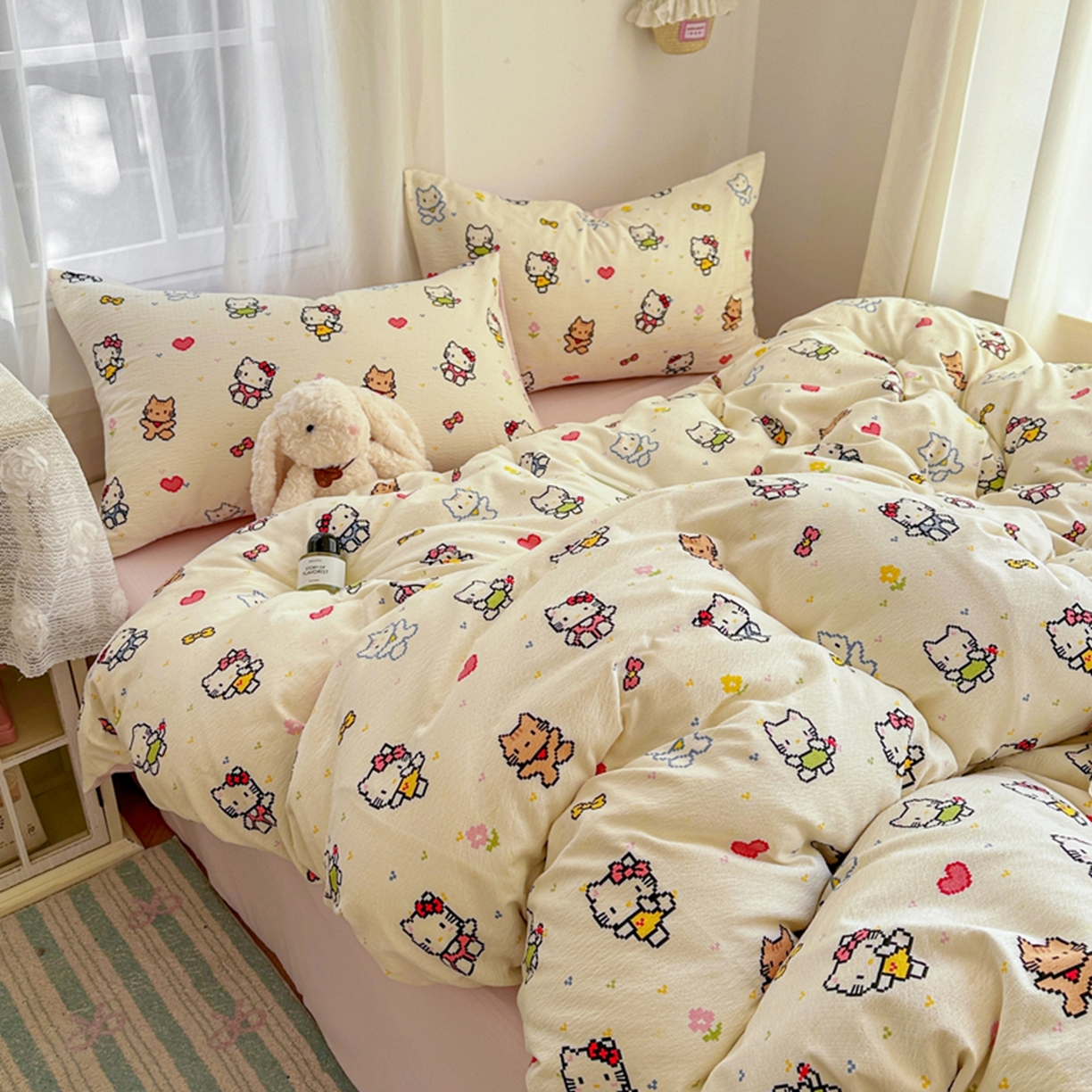 91家纺网 家纺一手货源 找家纺 宏源家纺 2026新款云感提花双层纱四件套 彩色小猫