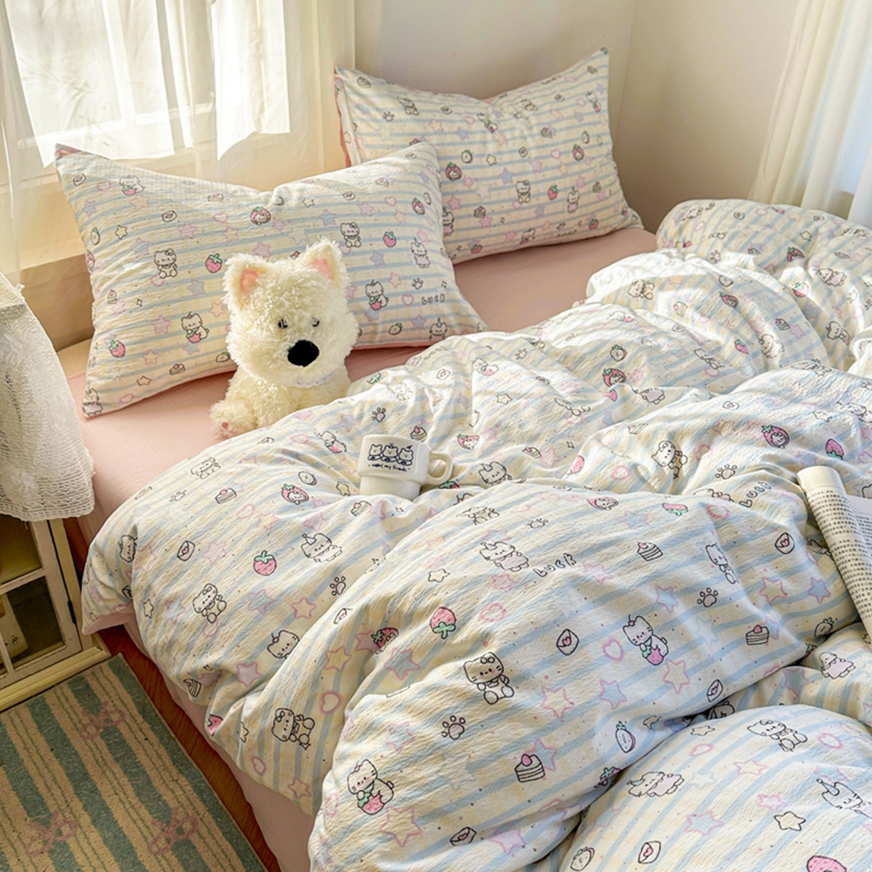 91家纺网 家纺一手货源 找家纺 宏源家纺 2026新款云感提花双层纱四件套 星星猫