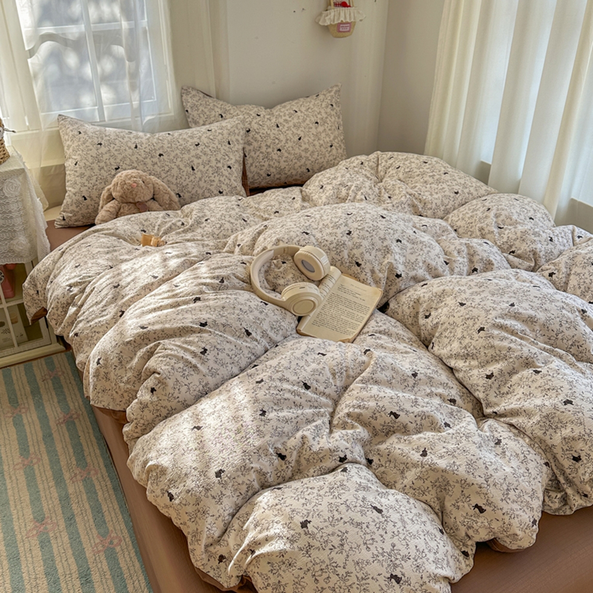 91家纺网 家纺一手货源 找家纺 宏源家纺 2026新款云感提花双层纱四件套 森林小兔