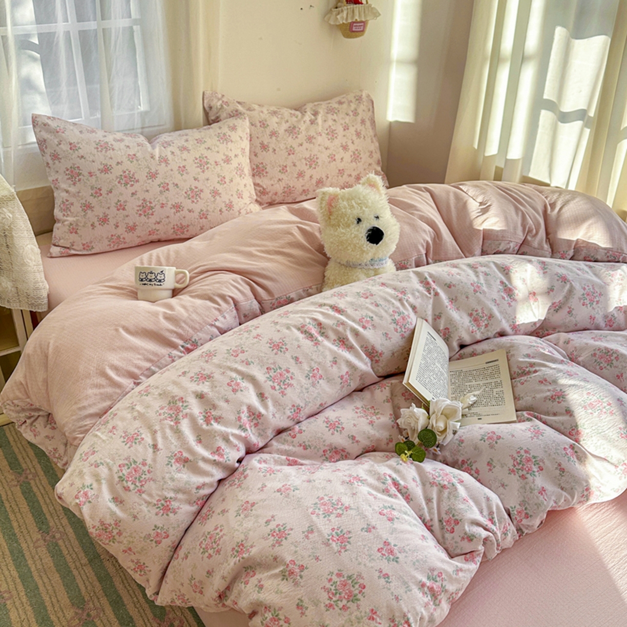 91家纺网 家纺一手货源 找家纺 宏源家纺 2026新款云感提花双层纱四件套 春天里