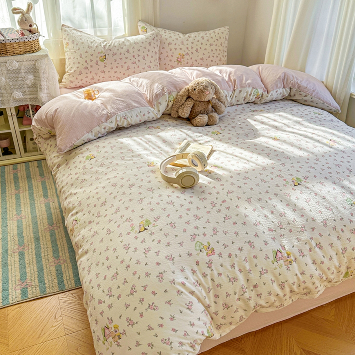 91家纺网 家纺一手货源 找家纺 宏源家纺 2026新款云感提花双层纱四件套 小星仔