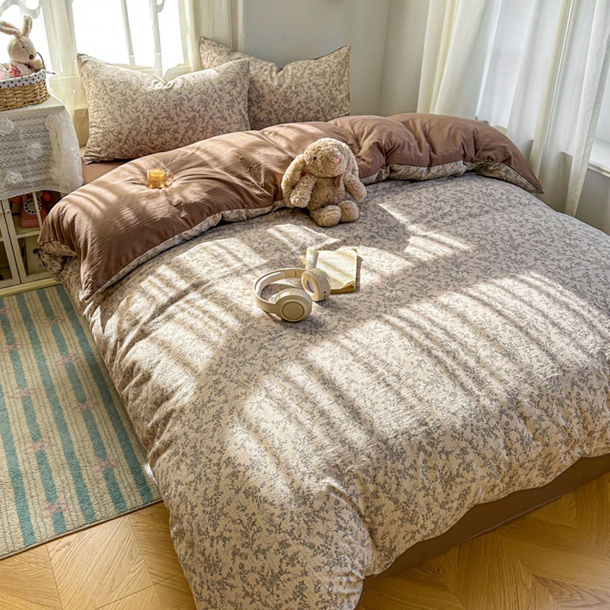 91家纺网 家纺一手货源 找家纺 宏源家纺 2026新款云感提花双层纱四件套 蔷薇