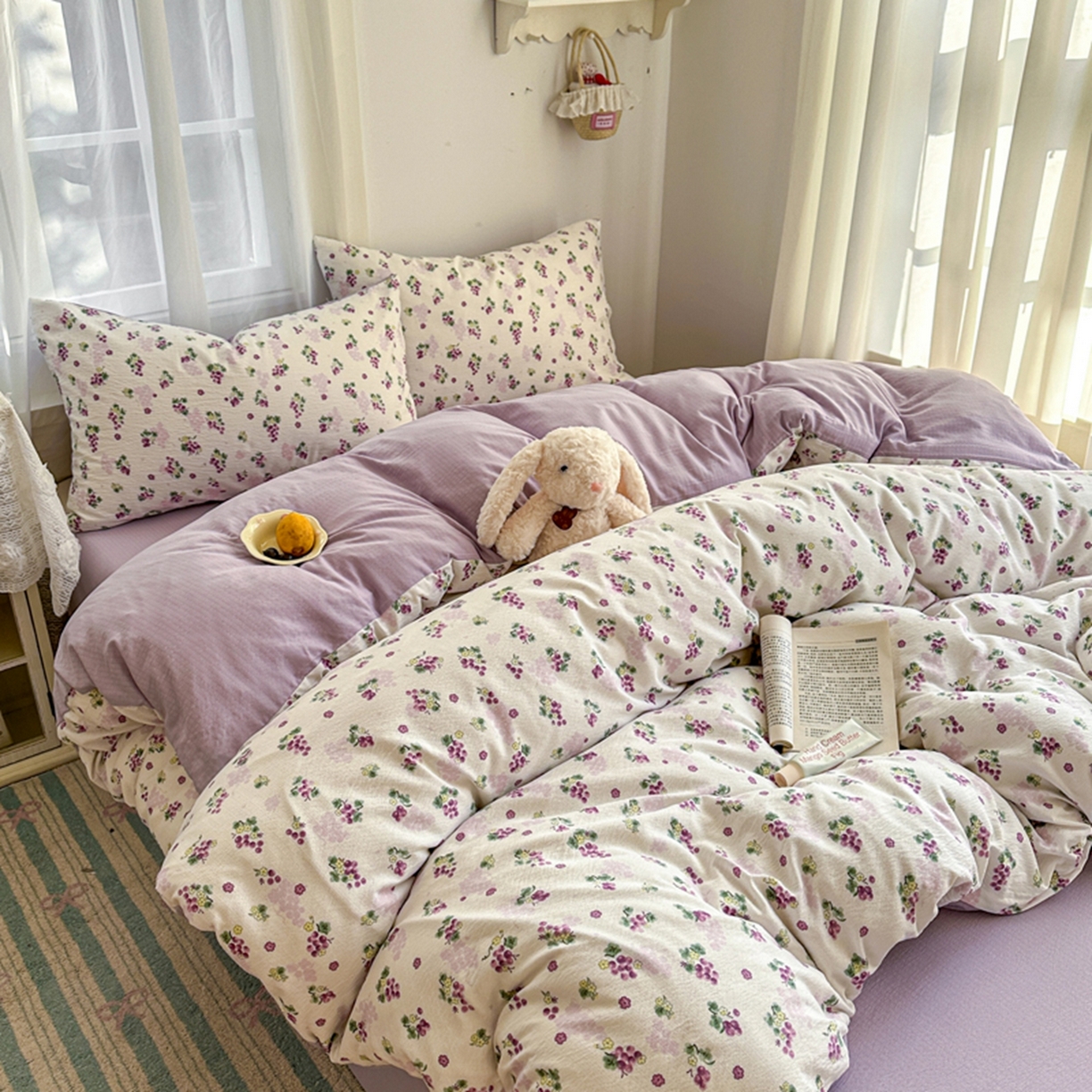 91家纺网 家纺一手货源 找家纺 宏源家纺 2026新款云感提花双层纱四件套 紫葡萄