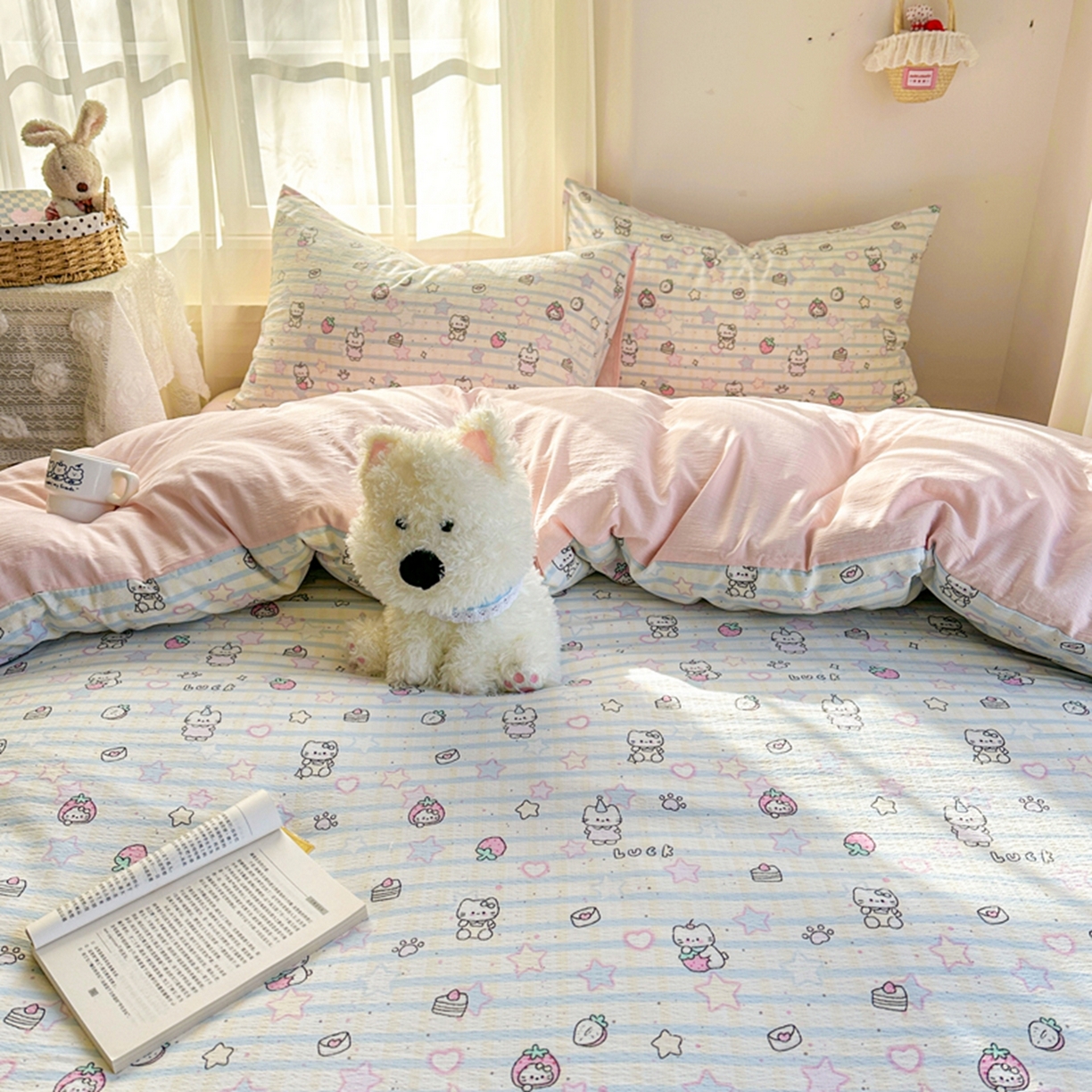 91家纺网 家纺一手货源 找家纺 宏源家纺 2026新款云感提花双层纱四件套 星星猫