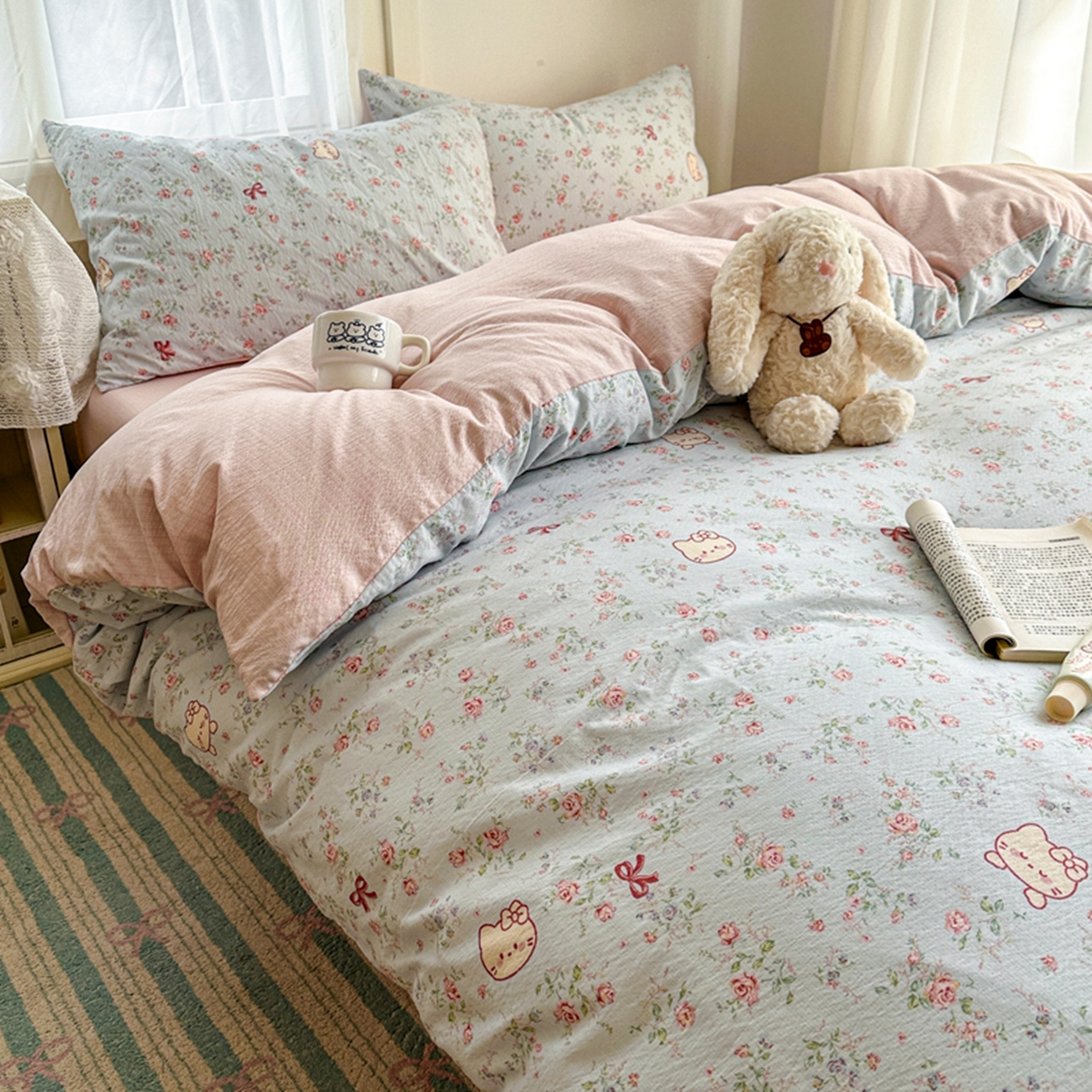 91家纺网 家纺一手货源 找家纺 宏源家纺 2026新款云感提花双层纱四件套 小花猫