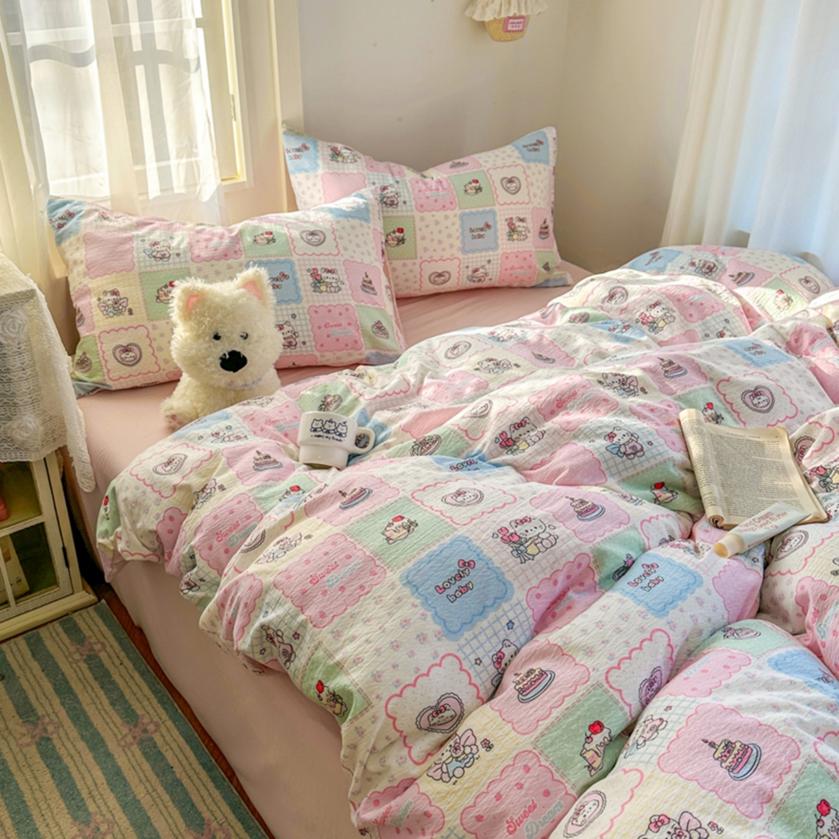 91家纺网 家纺一手货源 找家纺 宏源家纺 2026新款云感提花双层纱四件套 甜心方格