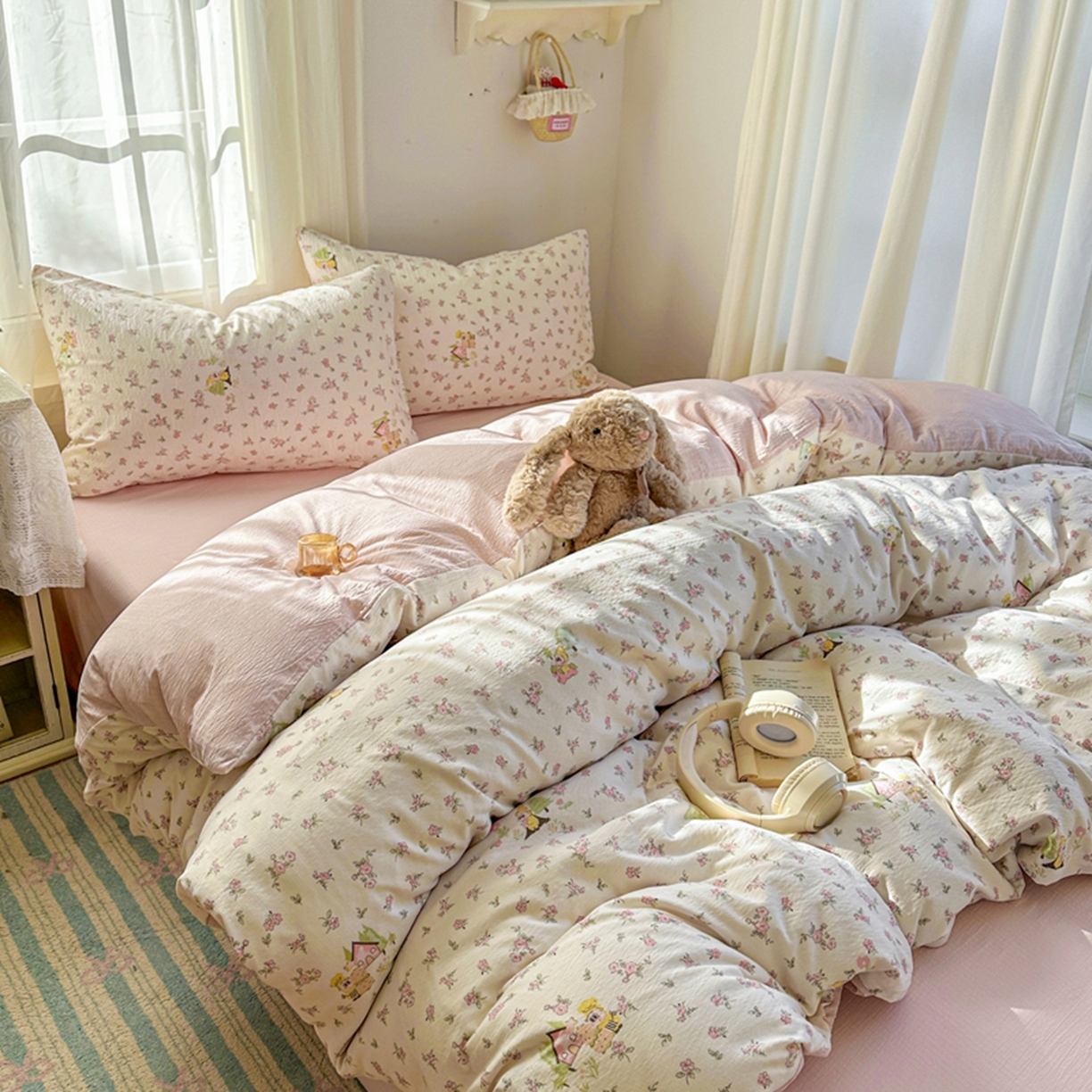 91家纺网 家纺一手货源 找家纺 宏源家纺 2026新款云感提花双层纱四件套 小星仔