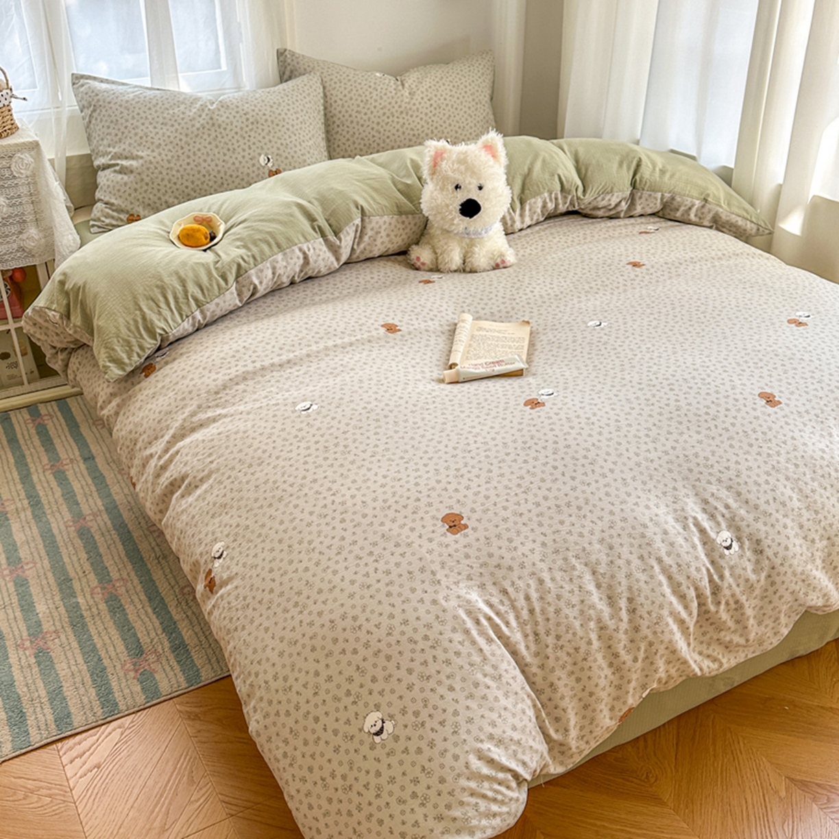 91家纺网 家纺一手货源 找家纺 宏源家纺 2026新款云感提花双层纱四件套 小花狗