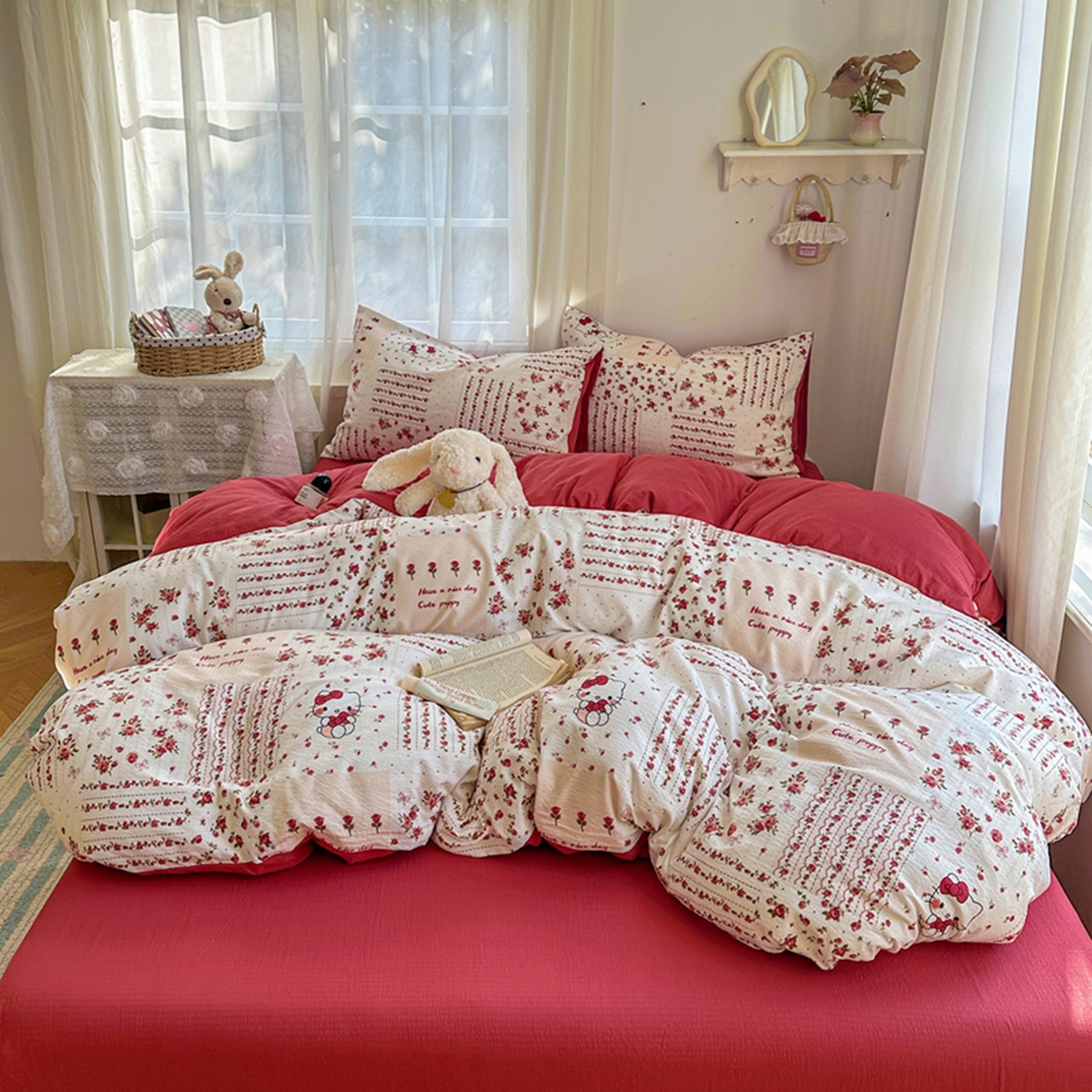 91家纺网 家纺一手货源 找家纺 宏源家纺 2026新款云感提花双层纱四件套 幸福猫咪