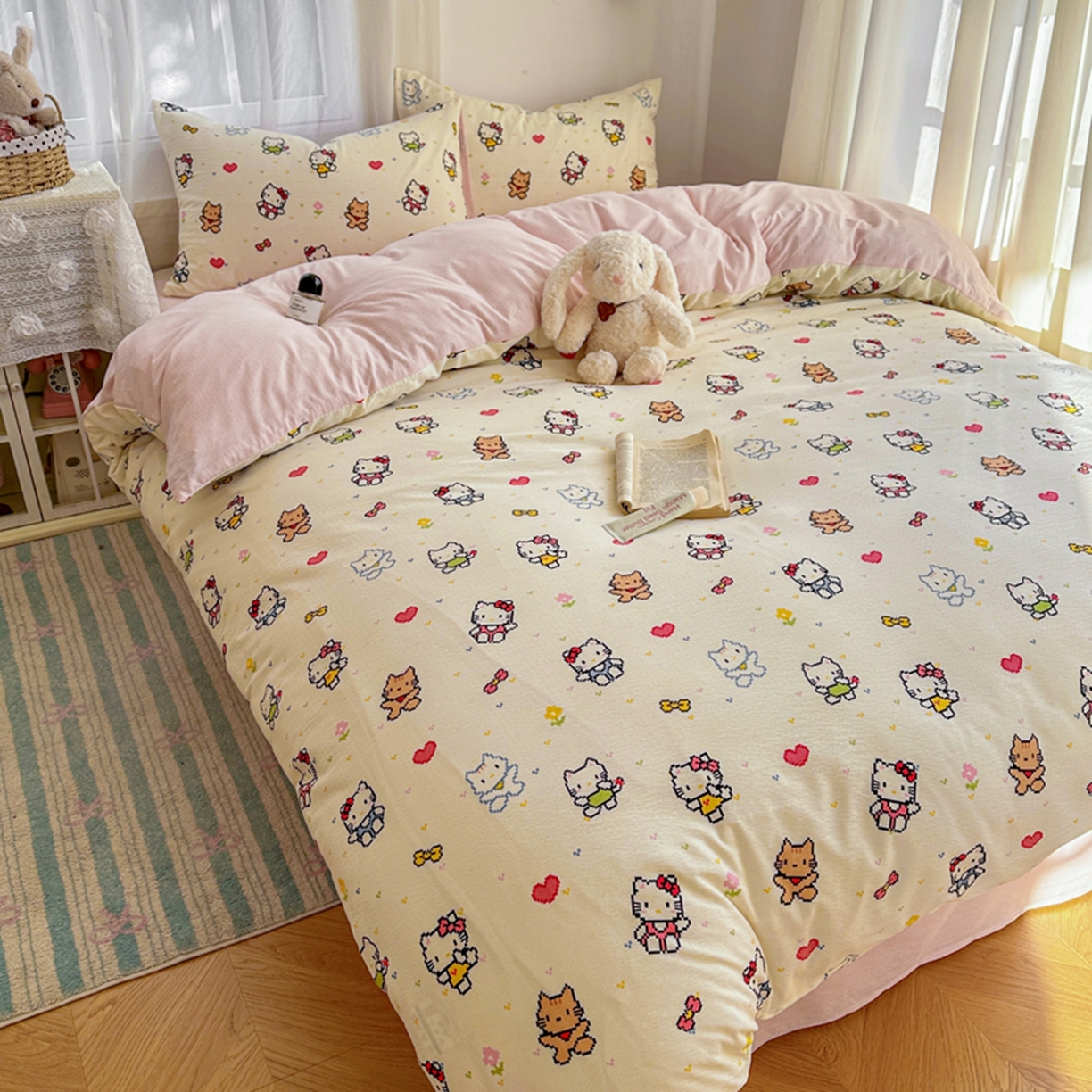 91家纺网 家纺一手货源 找家纺 宏源家纺 2026新款云感提花双层纱四件套 彩色小猫