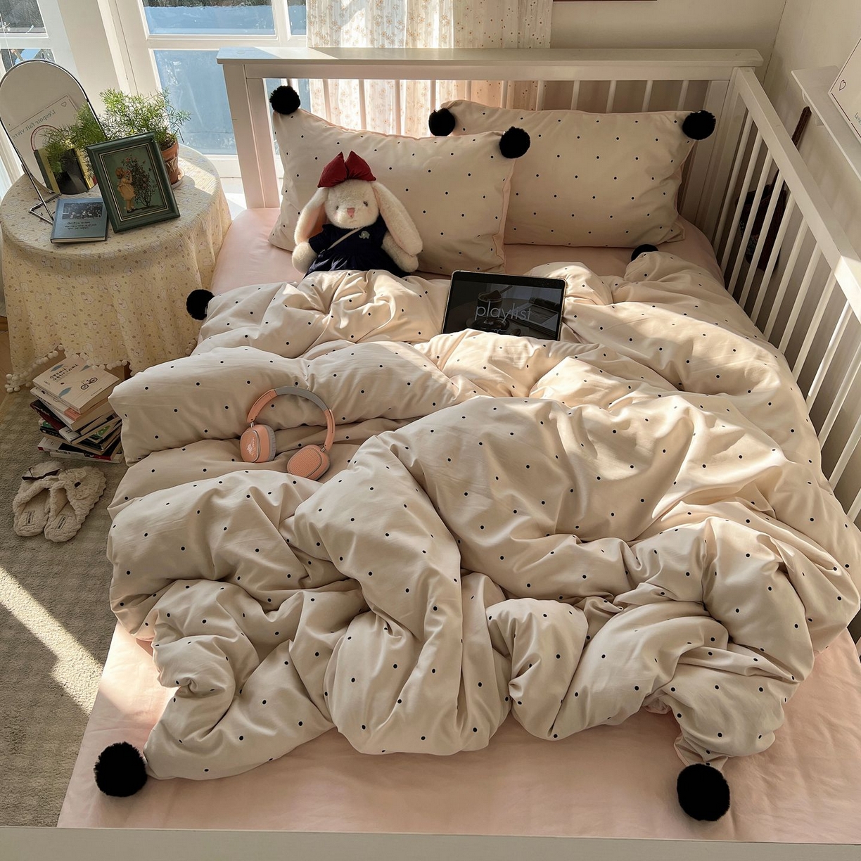 91家纺网 家纺一手货源 找家纺 轻奢坊 2026新款水洗棉波点可拆卸毛球四件套 米波点-枕套波点