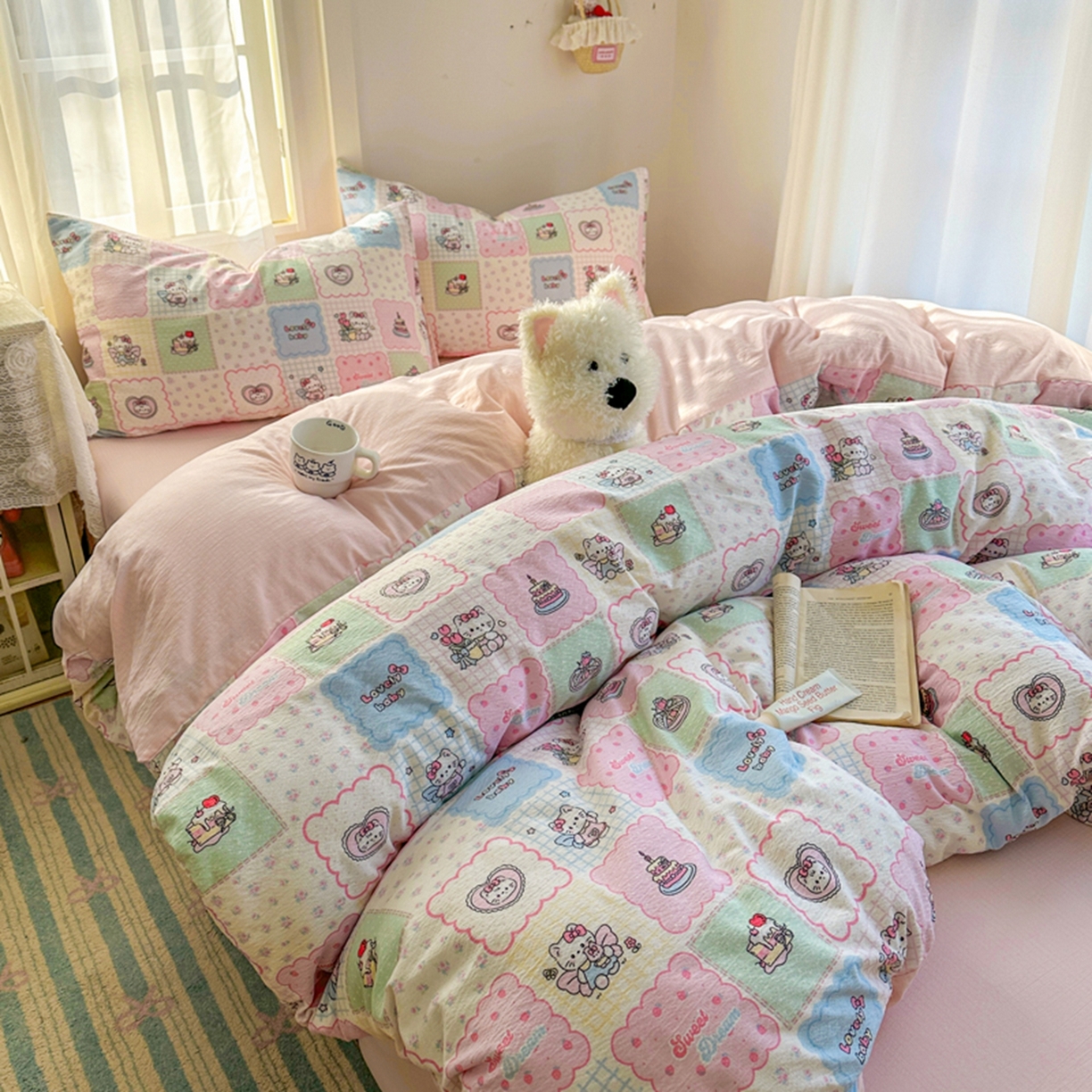 91家纺网 家纺一手货源 找家纺 宏源家纺 2026新款云感提花双层纱四件套 甜心方格