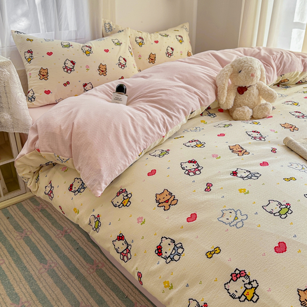 91家纺网 家纺一手货源 找家纺 宏源家纺 2026新款云感提花双层纱四件套 彩色小猫