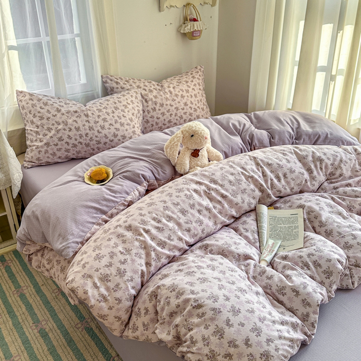 91家纺网 家纺一手货源 找家纺 宏源家纺 2026新款云感提花双层纱四件套 花语