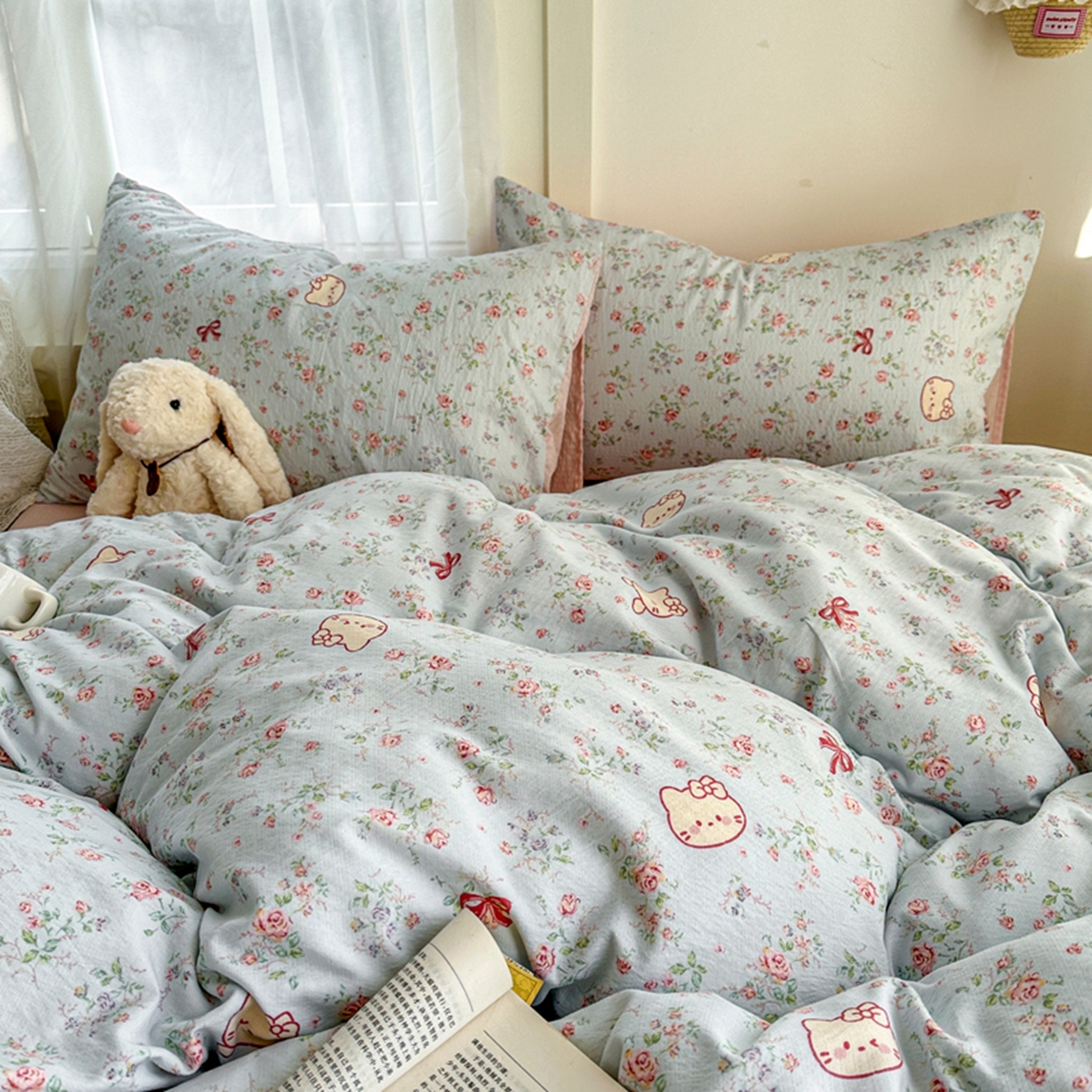 91家纺网 家纺一手货源 找家纺 宏源家纺 2026新款云感提花双层纱四件套 小花猫