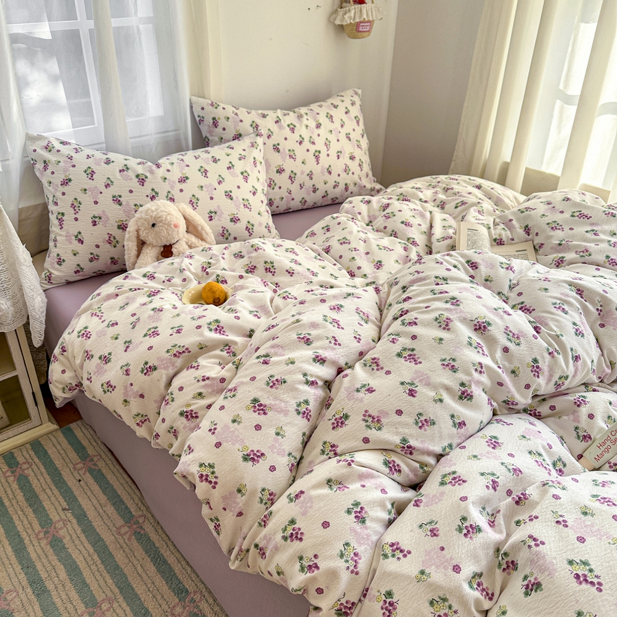 91家纺网 家纺一手货源 找家纺 宏源家纺 2026新款云感提花双层纱四件套 紫葡萄