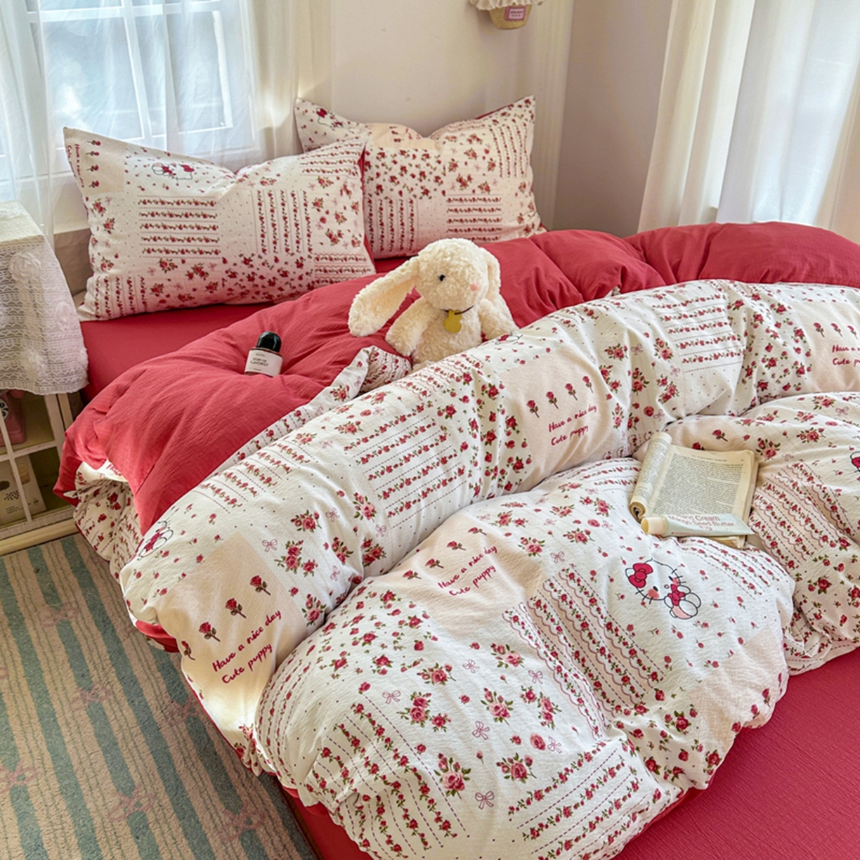 91家纺网 家纺一手货源 找家纺 宏源家纺 2026新款云感提花双层纱四件套 幸福猫咪