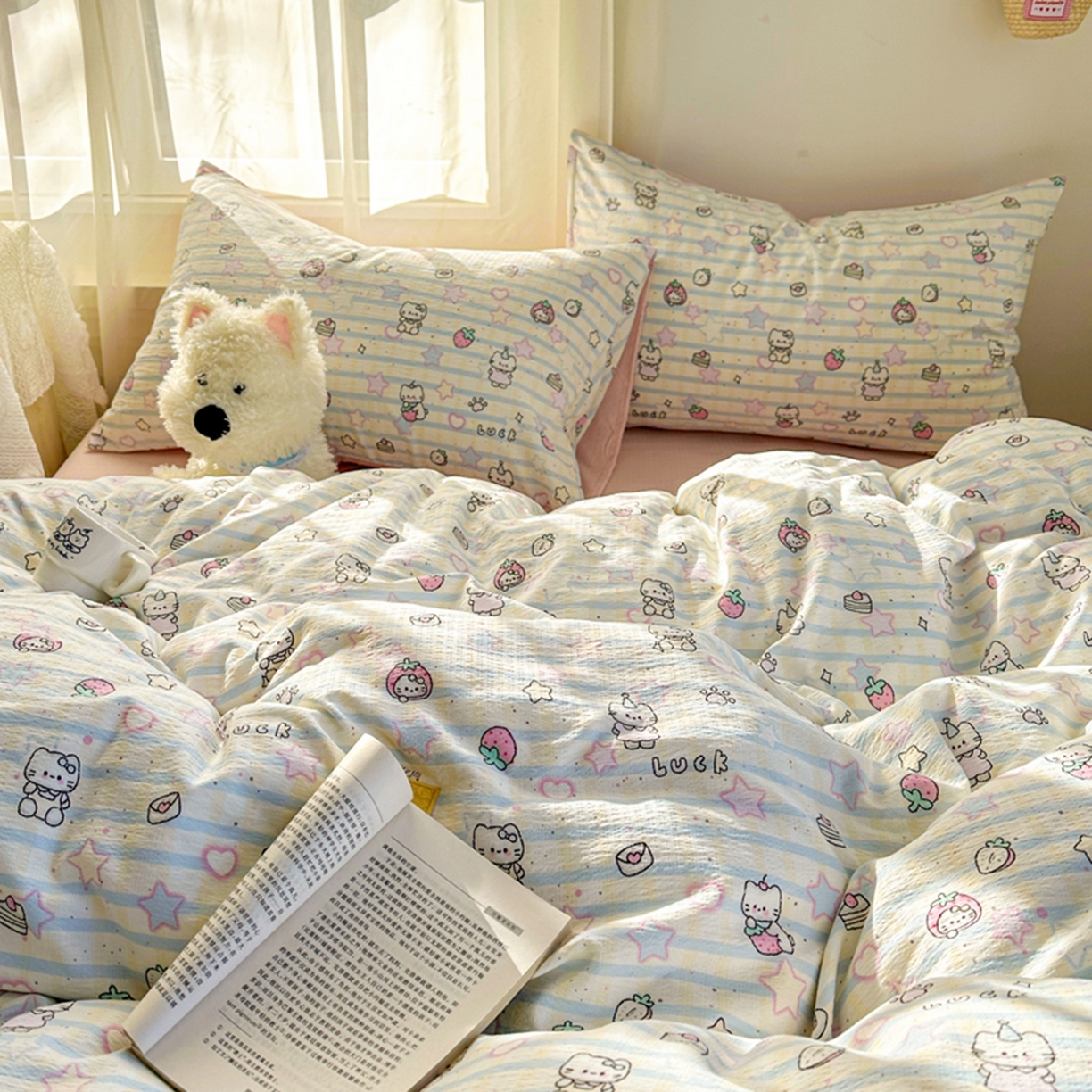 91家纺网 家纺一手货源 找家纺 宏源家纺 2026新款云感提花双层纱四件套 星星猫