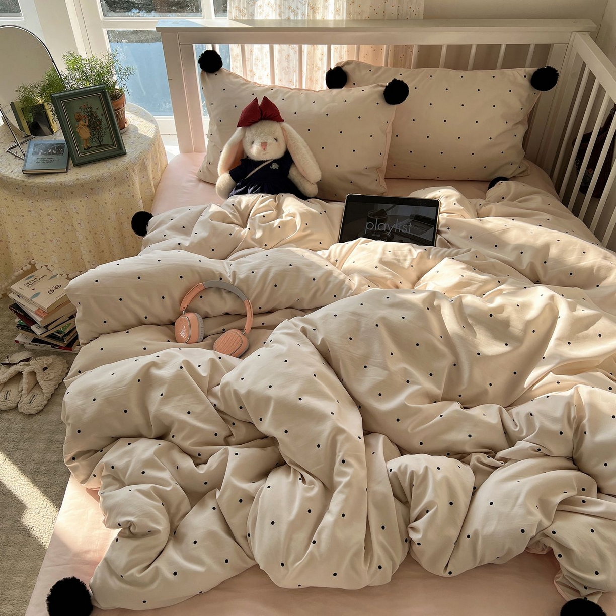 91家纺网 家纺一手货源 找家纺 轻奢坊 2026新款水洗棉波点可拆卸毛球四件套 米波点-枕套波点