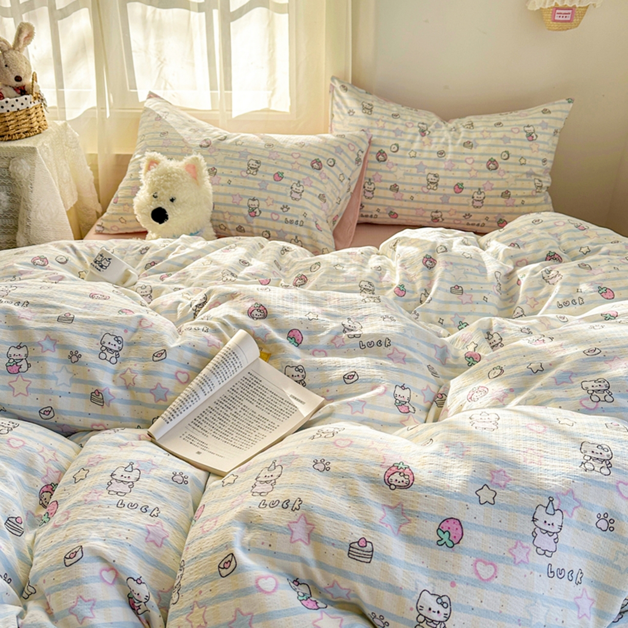 91家纺网 家纺一手货源 找家纺 宏源家纺 2026新款云感提花双层纱四件套 星星猫