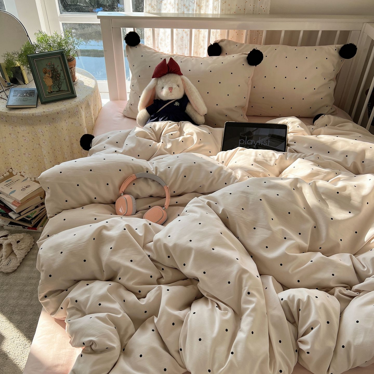 91家纺网 家纺一手货源 找家纺 轻奢坊 2026新款水洗棉波点可拆卸毛球四件套 米波点-枕套波点