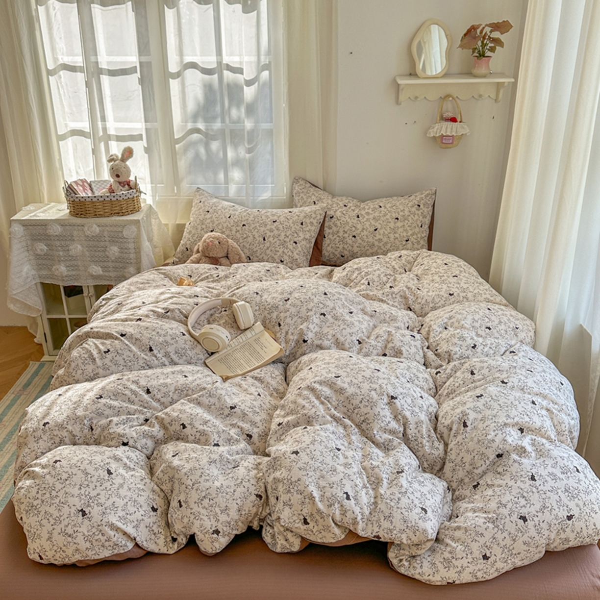 91家纺网 家纺一手货源 找家纺 宏源家纺 2026新款云感提花双层纱四件套 森林小兔