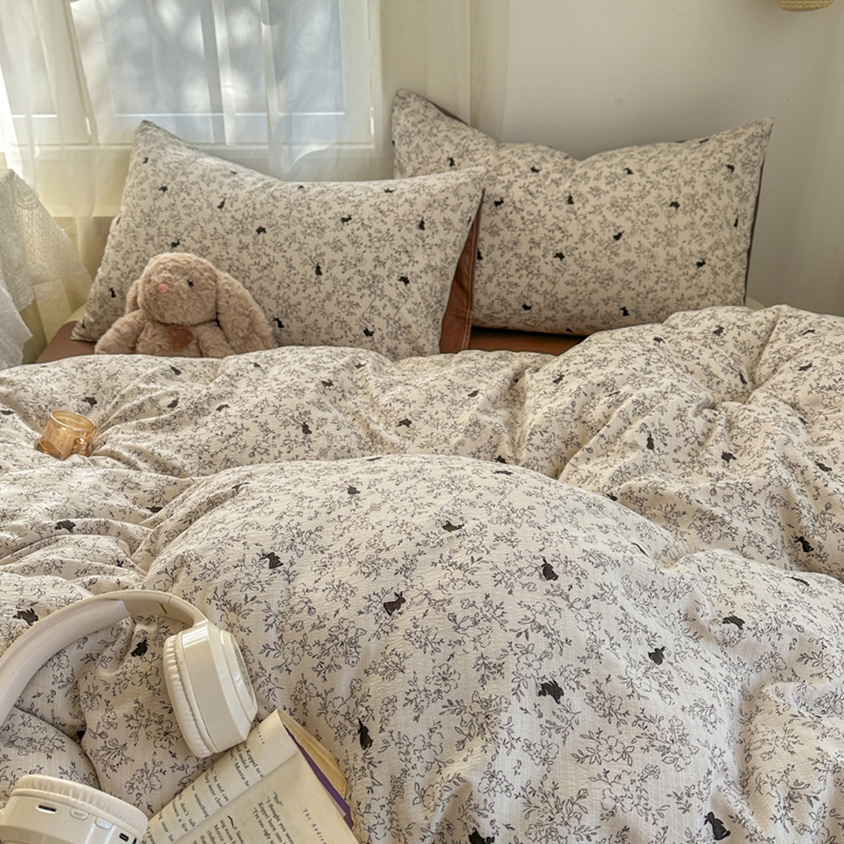 91家纺网 家纺一手货源 找家纺 宏源家纺 2026新款云感提花双层纱四件套 森林小兔