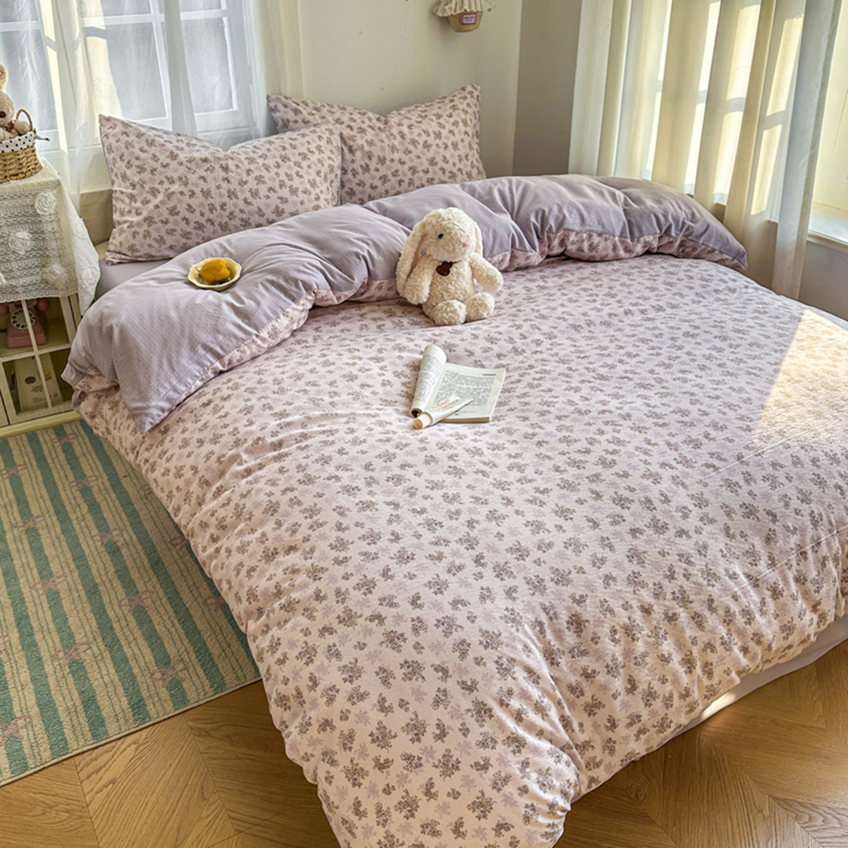 91家纺网 家纺一手货源 找家纺 宏源家纺 2026新款云感提花双层纱四件套 花语