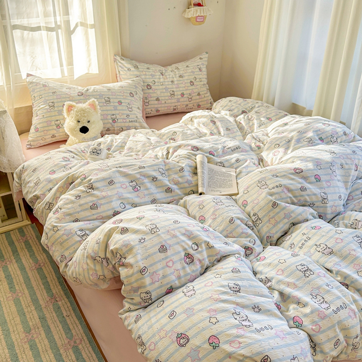 91家纺网 家纺一手货源 找家纺 宏源家纺 2026新款云感提花双层纱四件套 星星猫