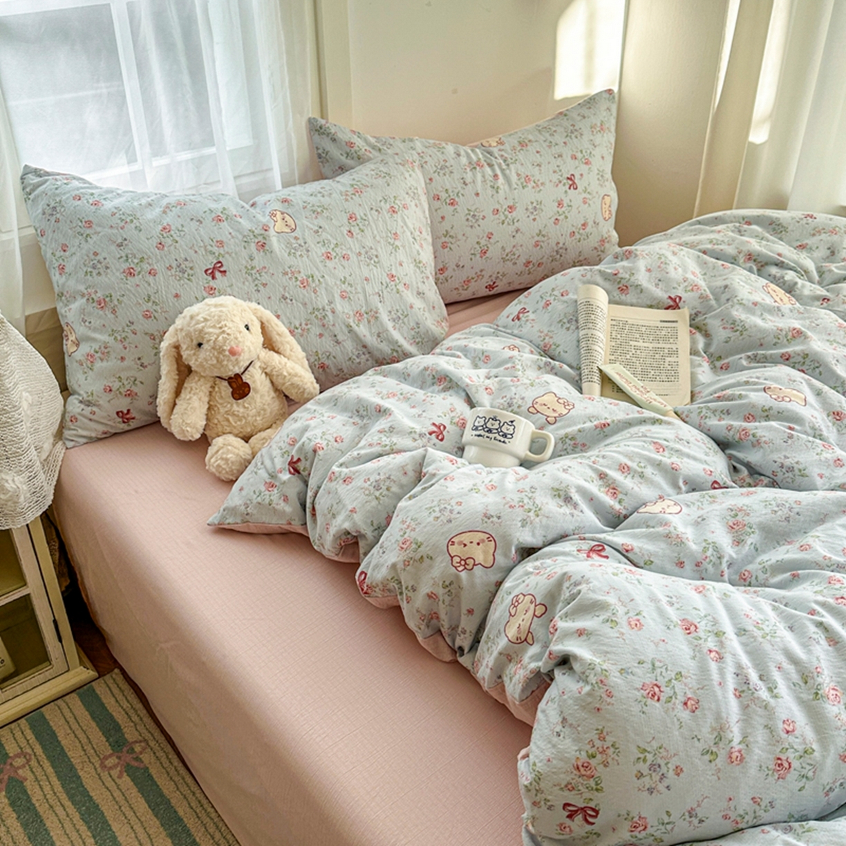 91家纺网 家纺一手货源 找家纺 宏源家纺 2026新款云感提花双层纱四件套 小花猫