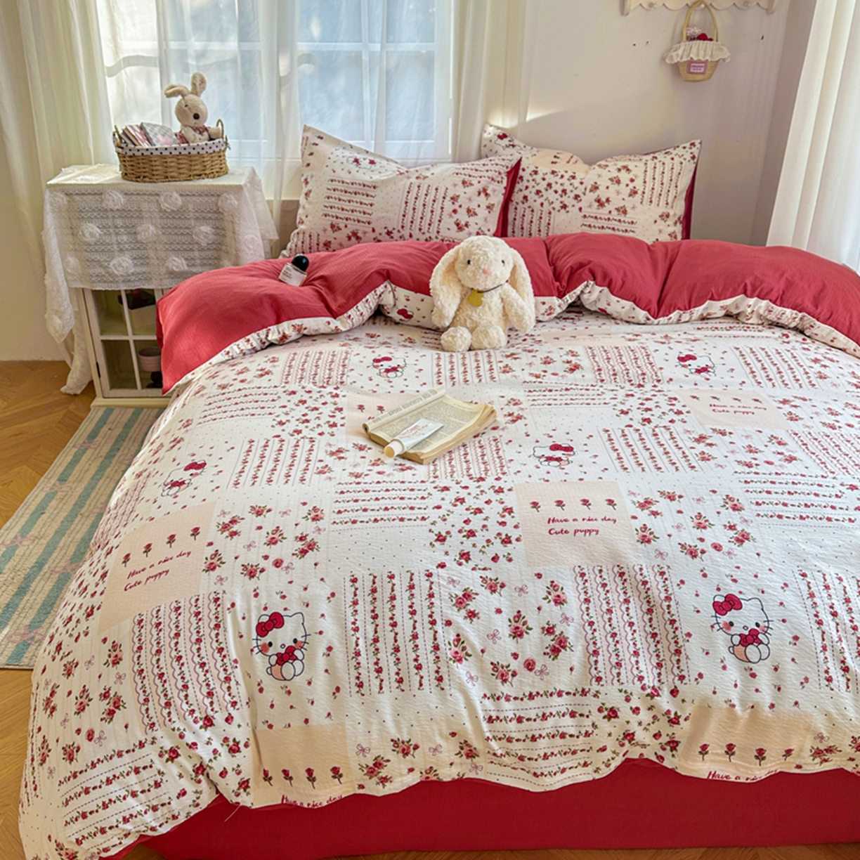 91家纺网 家纺一手货源 找家纺 宏源家纺 2026新款云感提花双层纱四件套 幸福猫咪