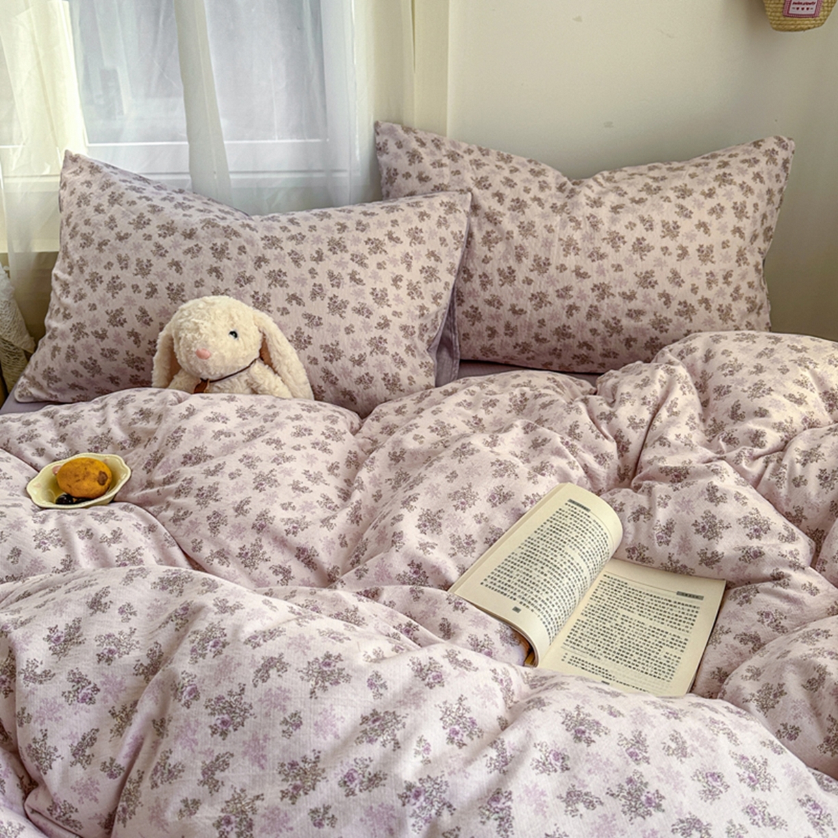 91家纺网 家纺一手货源 找家纺 宏源家纺 2026新款云感提花双层纱四件套 花语