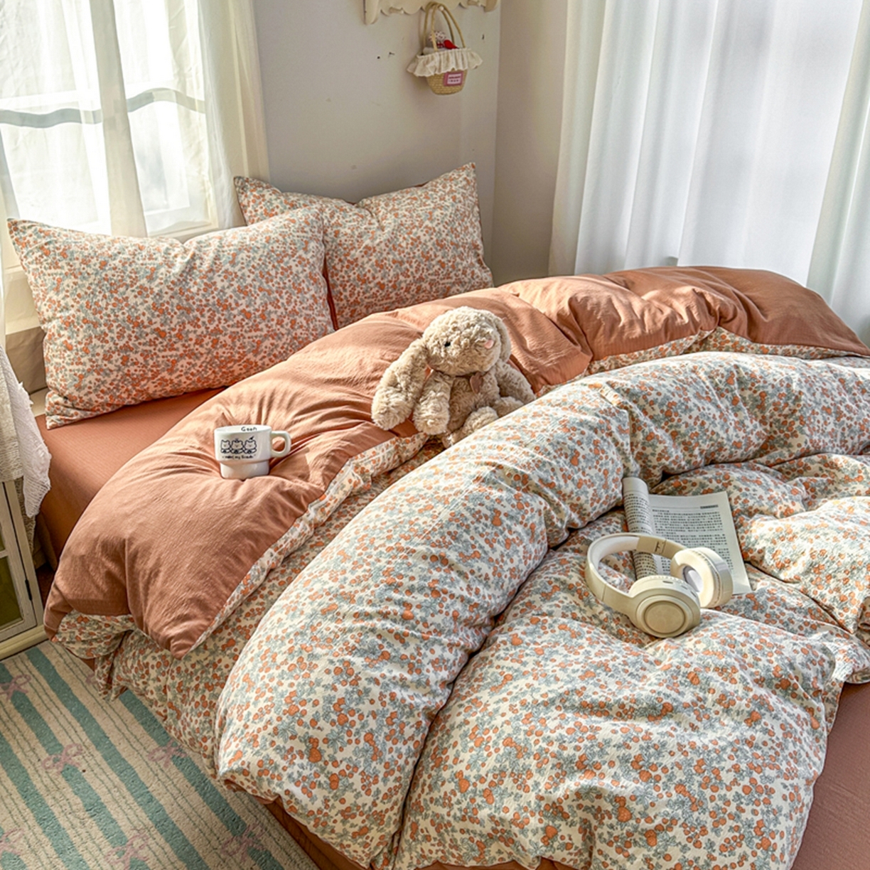 91家纺网 家纺一手货源 找家纺 宏源家纺 2026新款云感提花双层纱四件套 知画