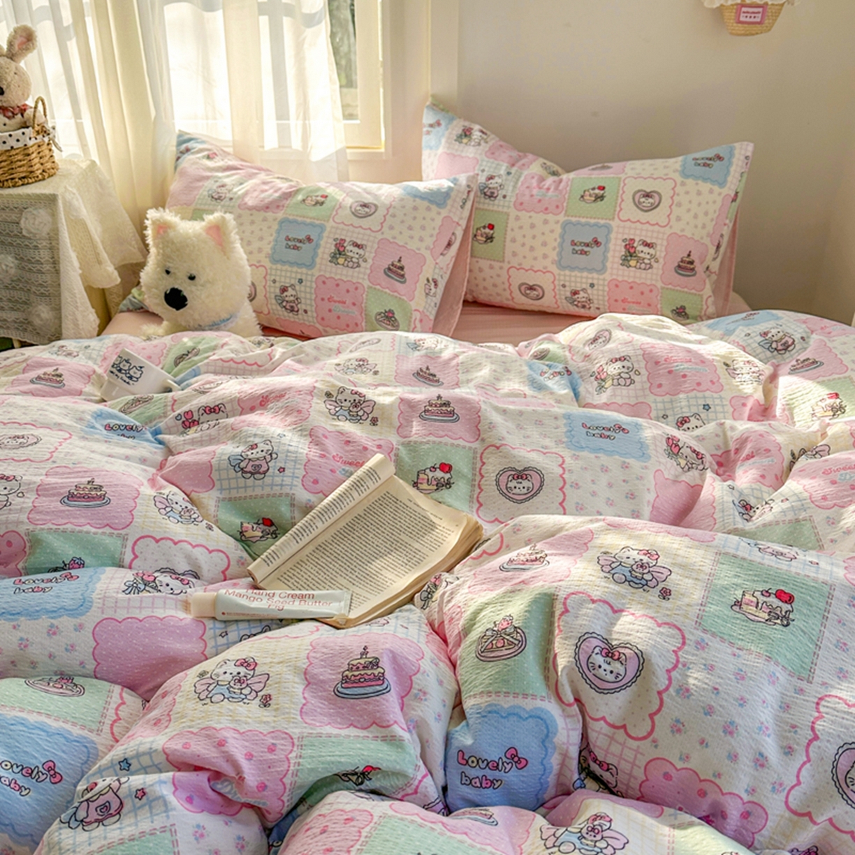 91家纺网 家纺一手货源 找家纺 宏源家纺 2026新款云感提花双层纱四件套 甜心方格