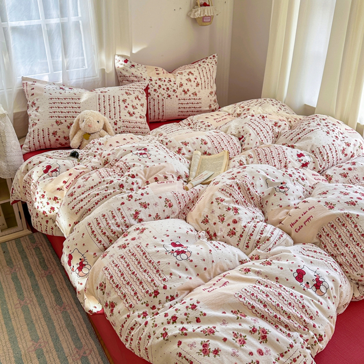 91家纺网 家纺一手货源 找家纺 宏源家纺 2026新款云感提花双层纱四件套 幸福猫咪