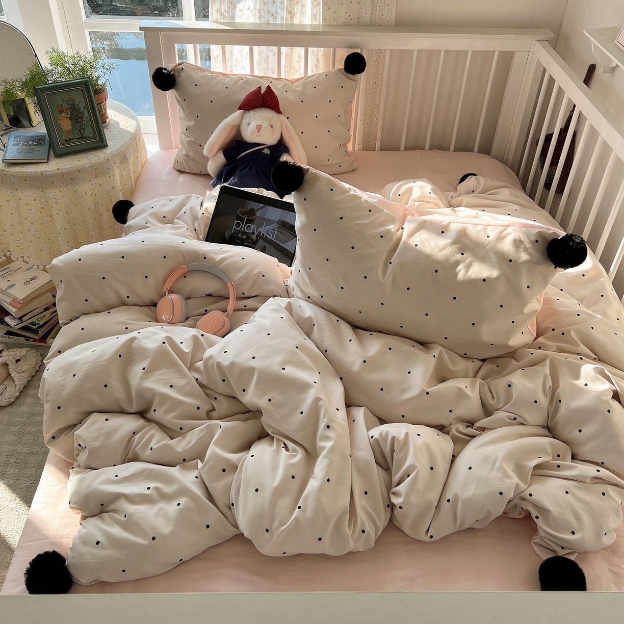 91家纺网 家纺一手货源 找家纺 轻奢坊 2026新款水洗棉波点可拆卸毛球四件套 米波点-枕套波点