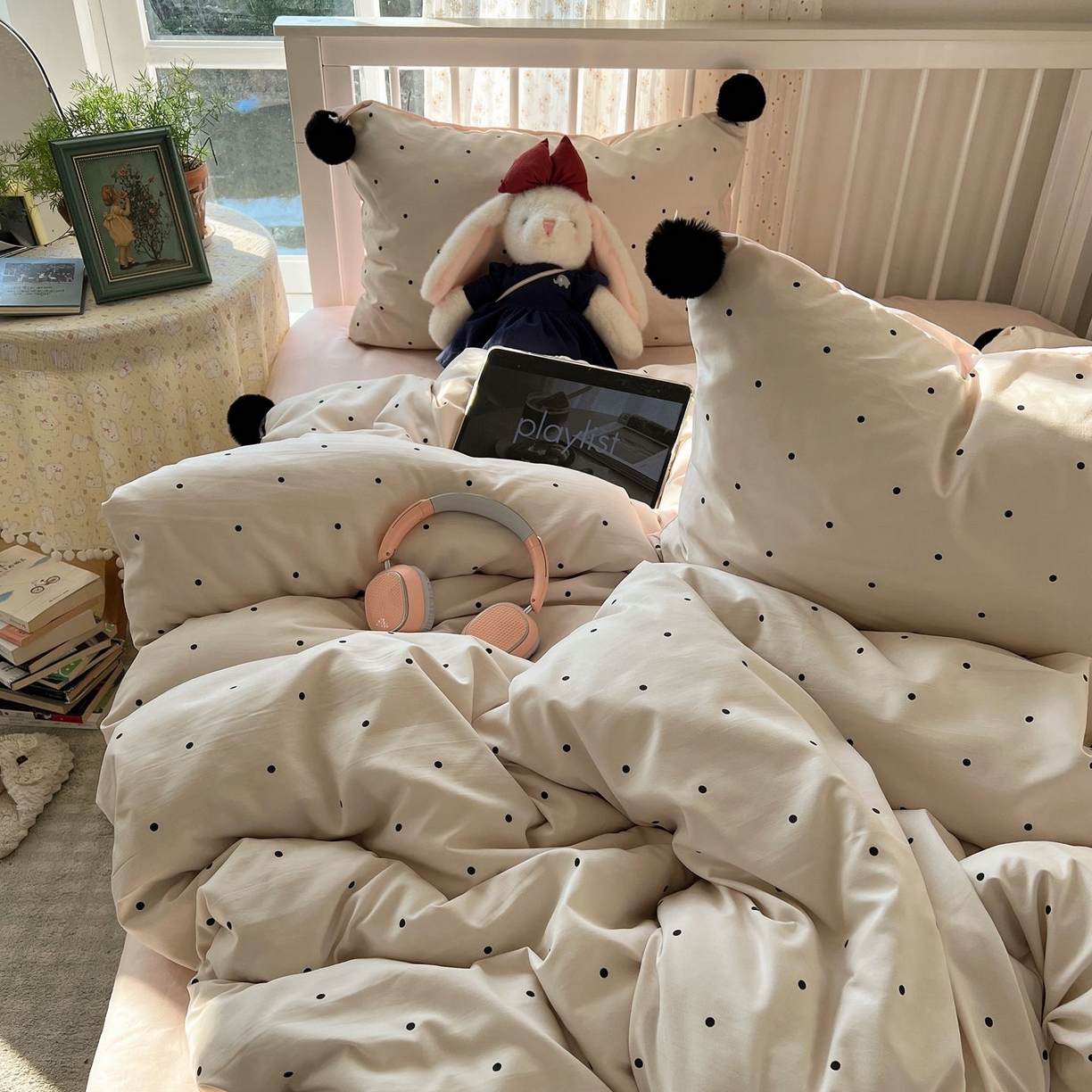 91家纺网 家纺一手货源 找家纺 轻奢坊 2026新款水洗棉波点可拆卸毛球四件套 米波点-枕套波点