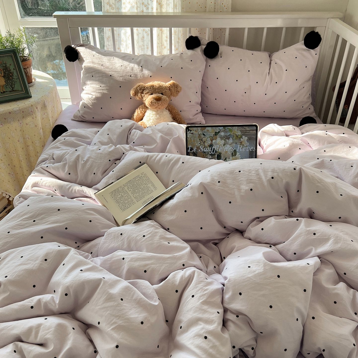 91家纺网 家纺一手货源 找家纺 轻奢坊 2026新款水洗棉波点可拆卸毛球四件套 紫波点-枕套波点