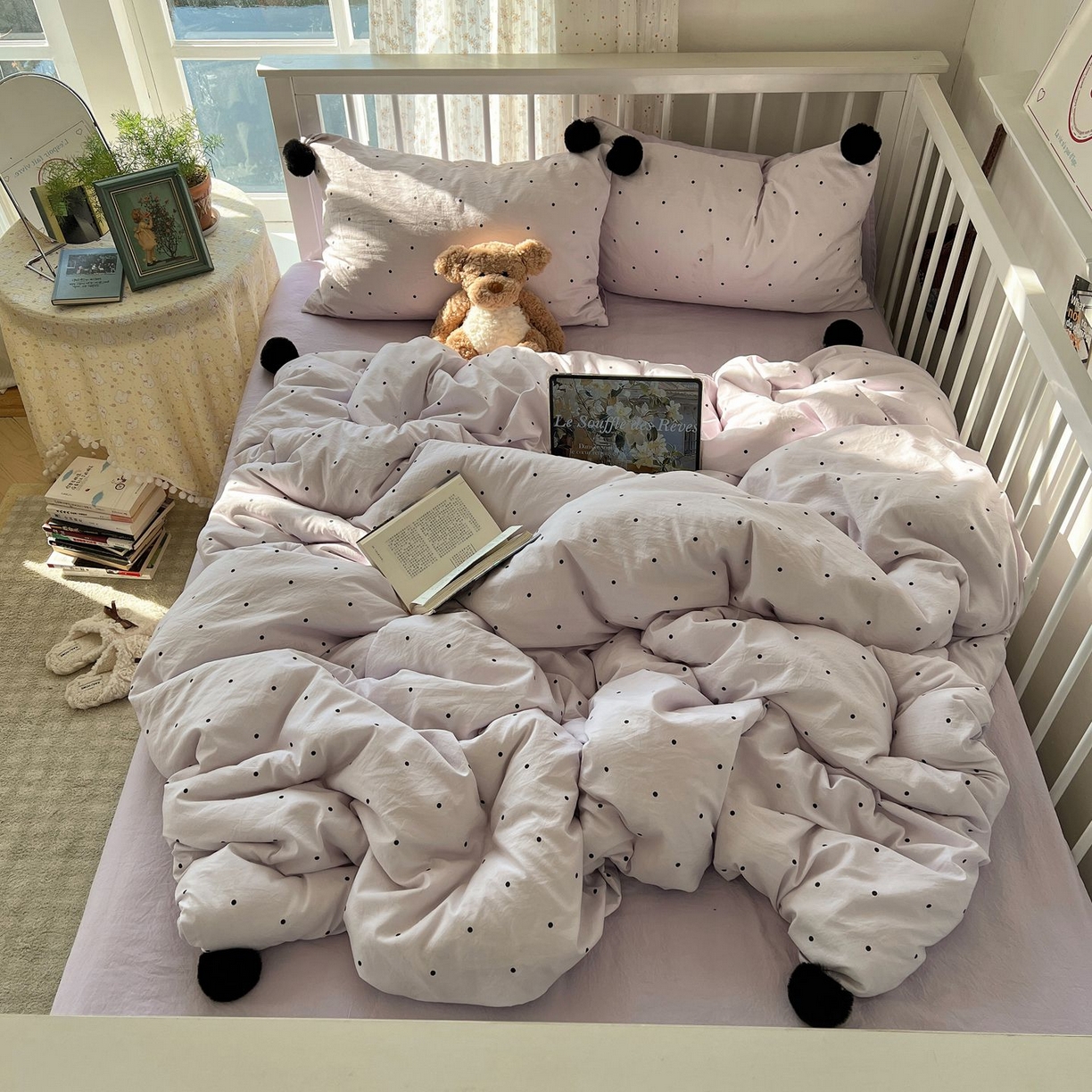 91家纺网 家纺一手货源 找家纺 轻奢坊 2026新款水洗棉波点可拆卸毛球四件套 紫波点-枕套波点