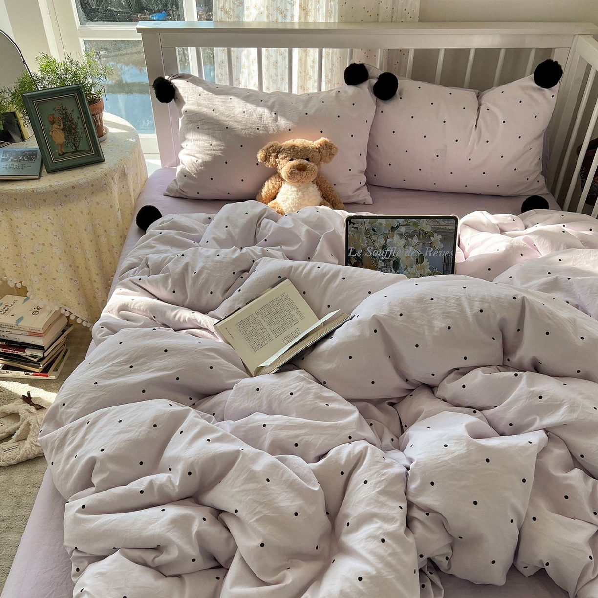 91家纺网 家纺一手货源 找家纺 轻奢坊 2026新款水洗棉波点可拆卸毛球四件套 紫波点-枕套波点