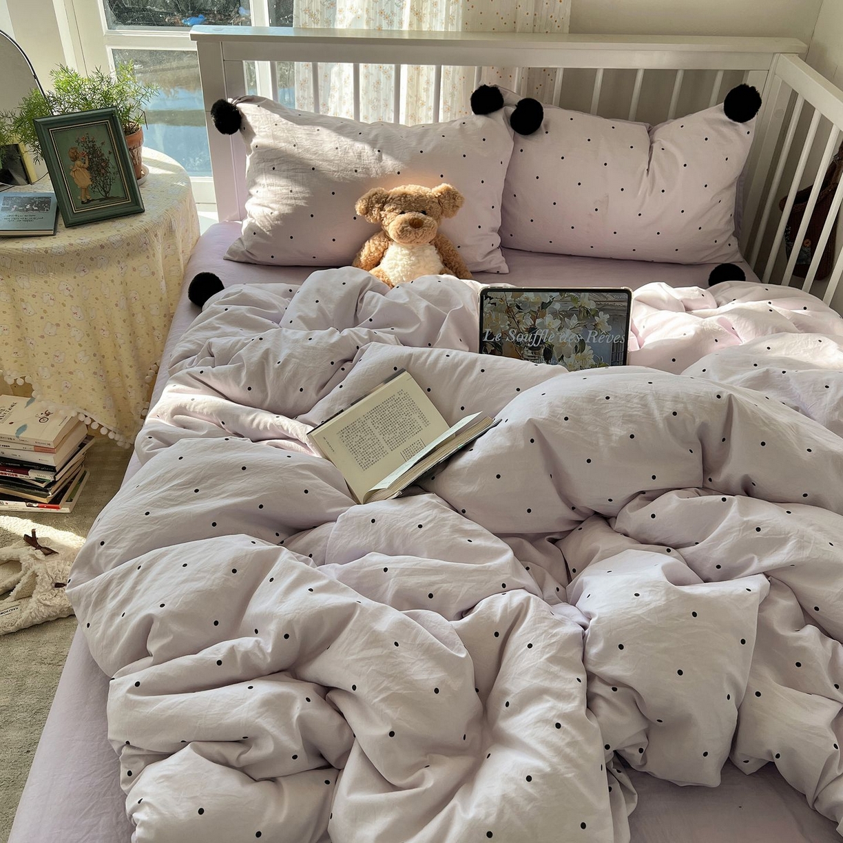 91家纺网 家纺一手货源 找家纺 轻奢坊 2026新款水洗棉波点可拆卸毛球四件套 紫波点-枕套波点