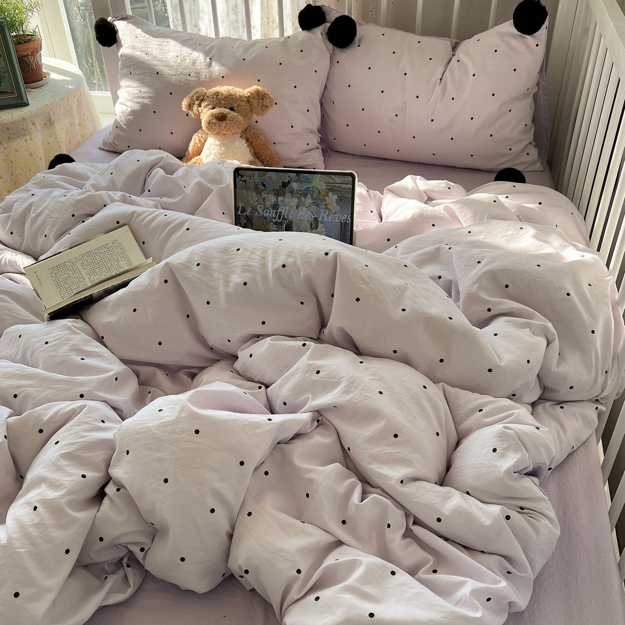 91家纺网 家纺一手货源 找家纺 轻奢坊 2026新款水洗棉波点可拆卸毛球四件套 紫波点-枕套波点