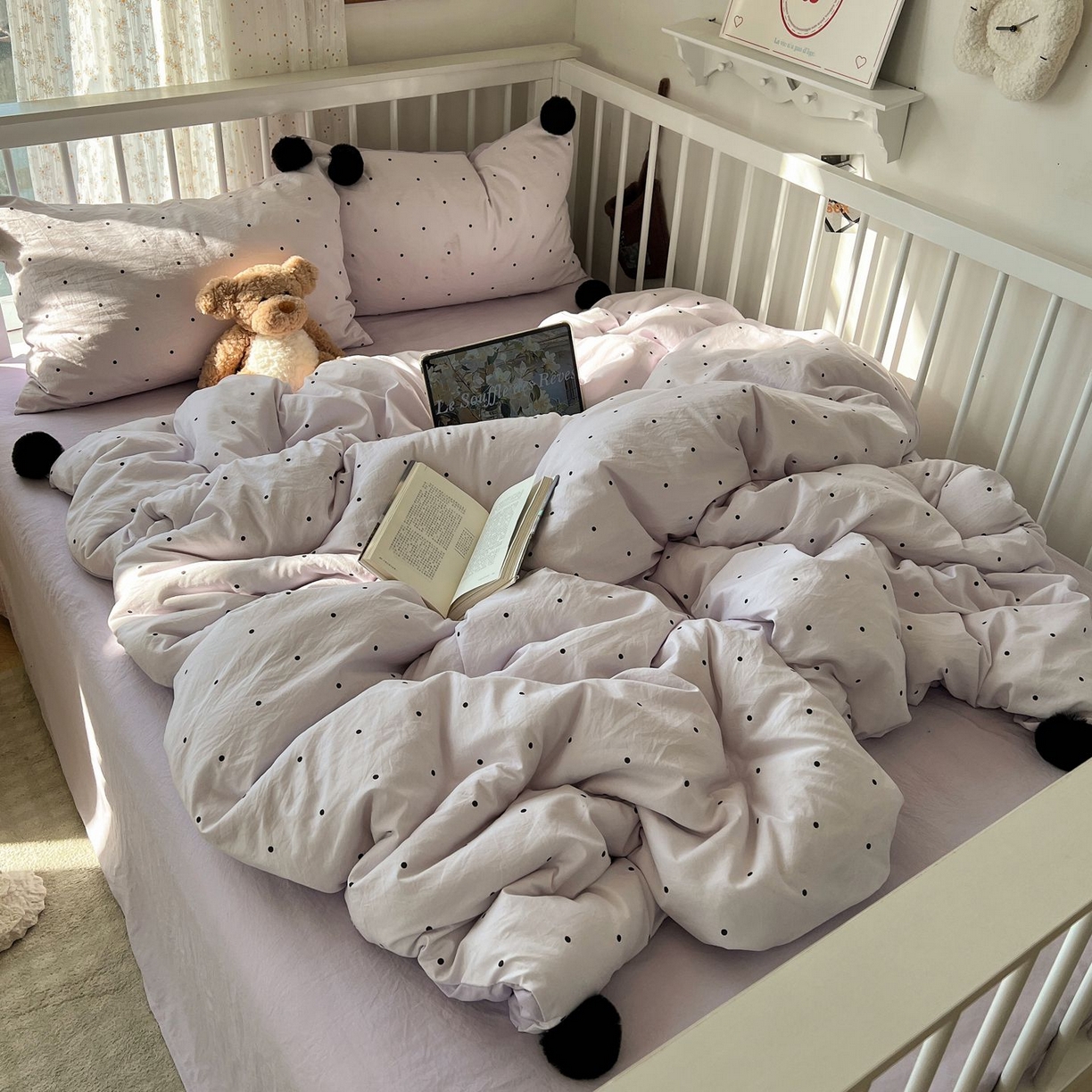 91家纺网 家纺一手货源 找家纺 轻奢坊 2026新款水洗棉波点可拆卸毛球四件套 紫波点-枕套波点