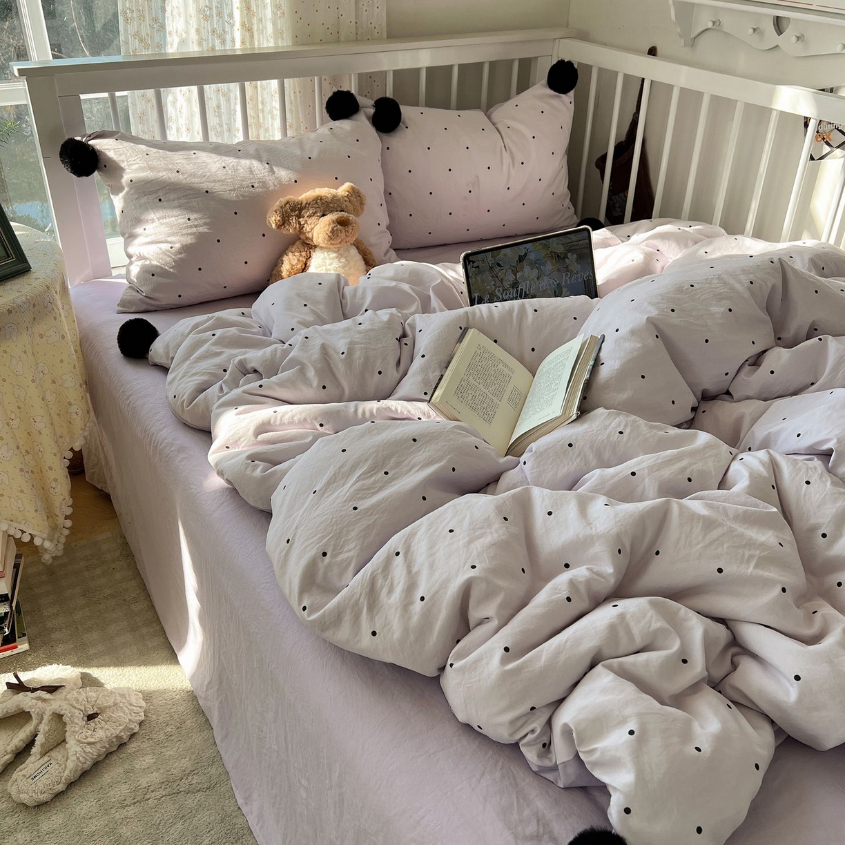 91家纺网 家纺一手货源 找家纺 轻奢坊 2026新款水洗棉波点可拆卸毛球四件套 紫波点-枕套波点