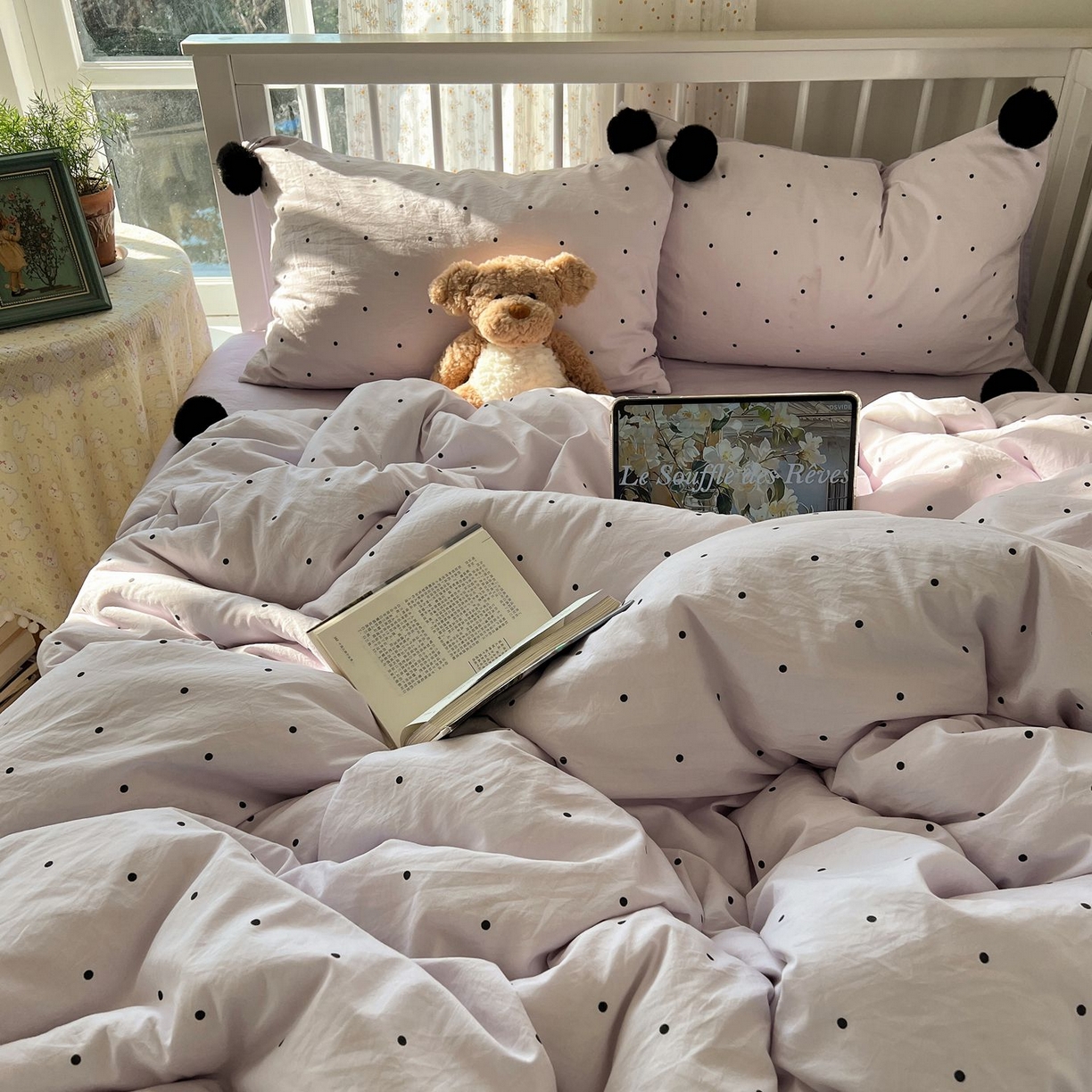 91家纺网 家纺一手货源 找家纺 轻奢坊 2026新款水洗棉波点可拆卸毛球四件套 紫波点-枕套波点