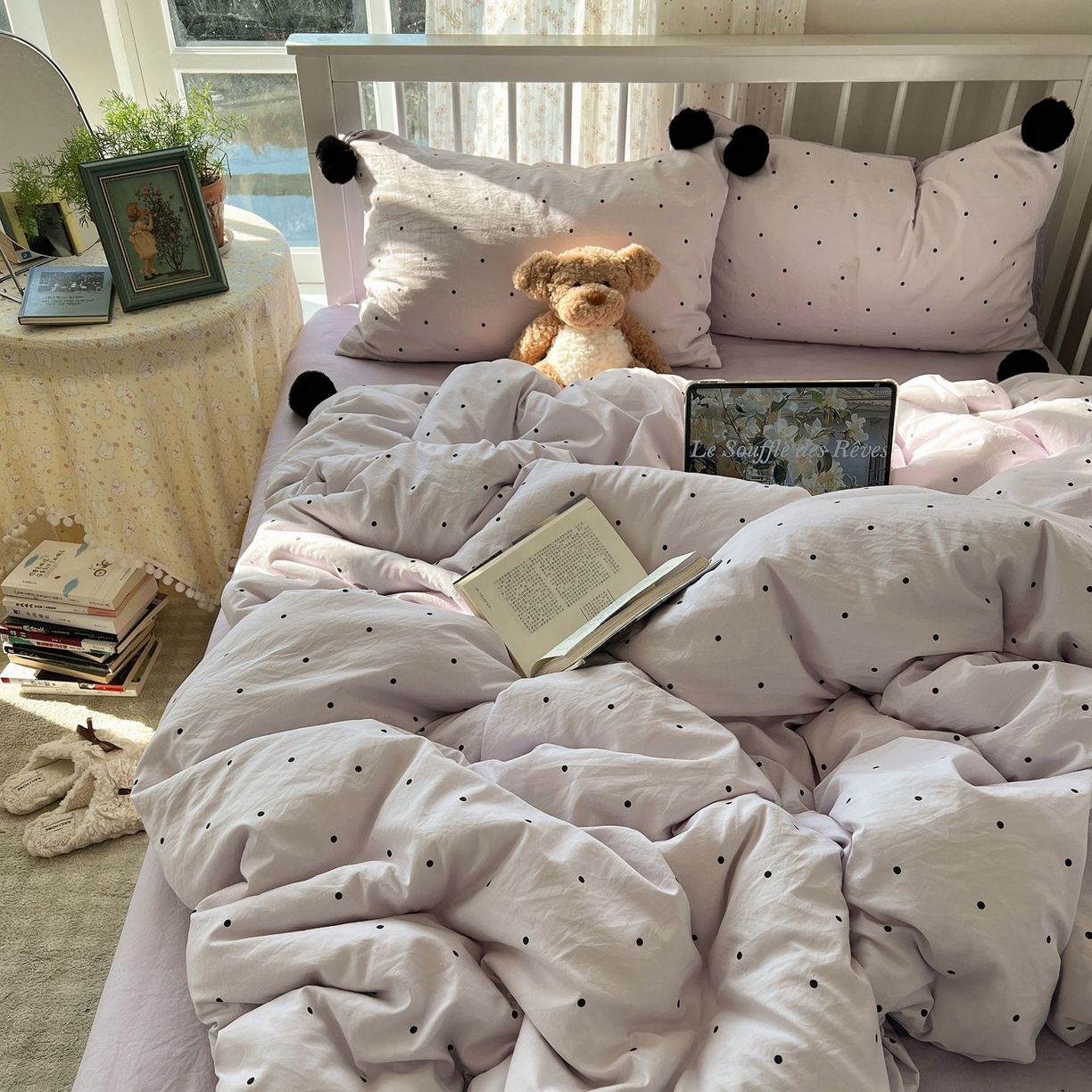 91家纺网 家纺一手货源 找家纺 轻奢坊 2026新款水洗棉波点可拆卸毛球四件套 紫波点-枕套波点