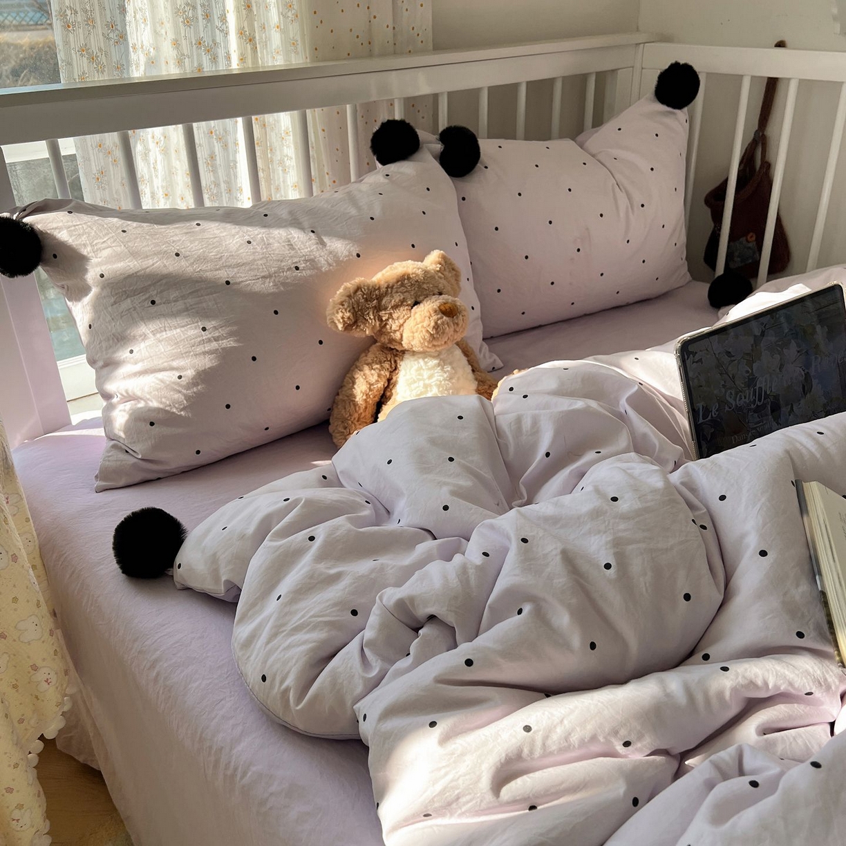 91家纺网 家纺一手货源 找家纺 轻奢坊 2026新款水洗棉波点可拆卸毛球四件套 紫波点-枕套波点