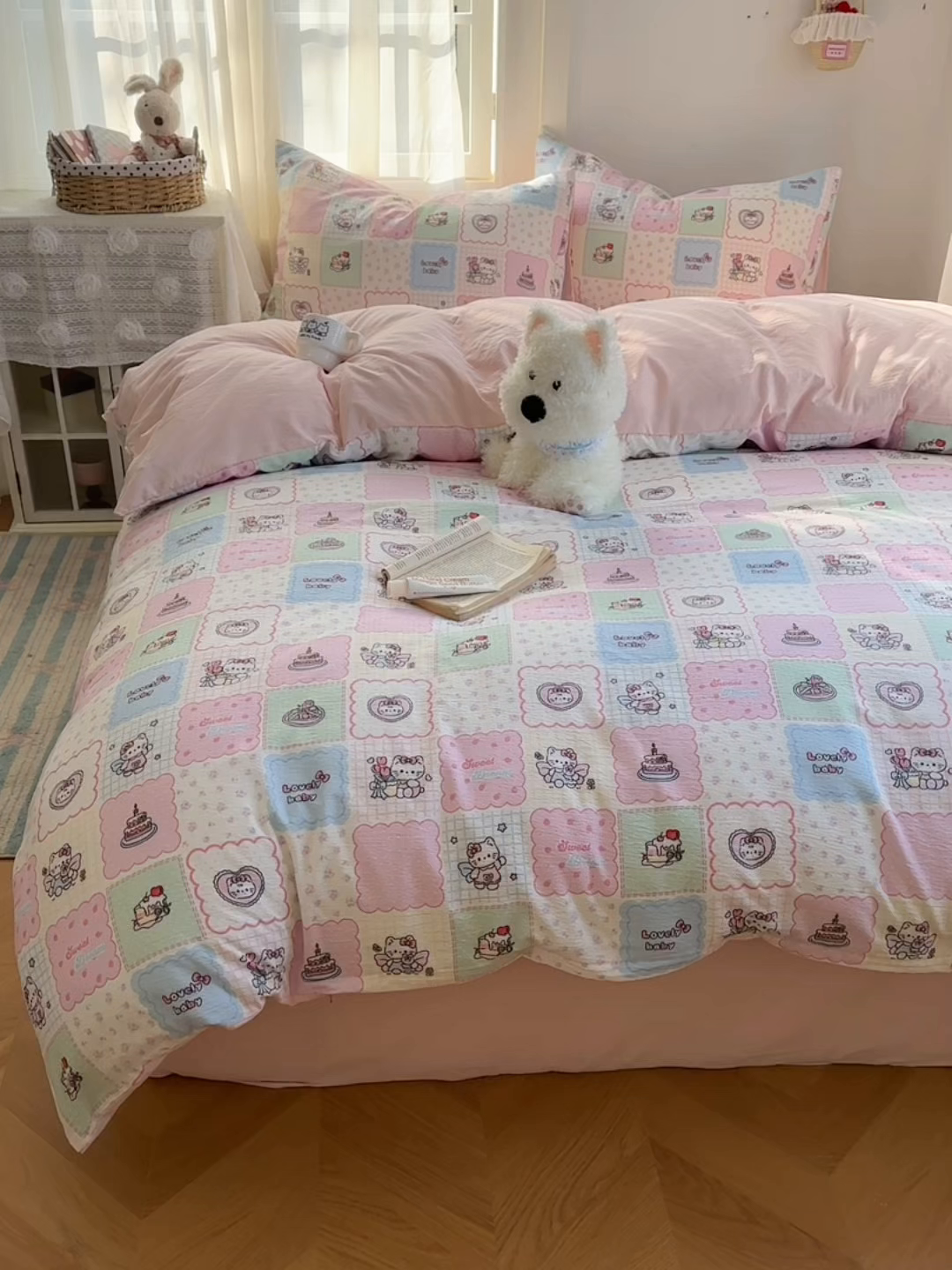 91家纺网 家纺一手货源 找家纺 宏源家纺 2026新款云感提花双层纱四件套 甜心方格